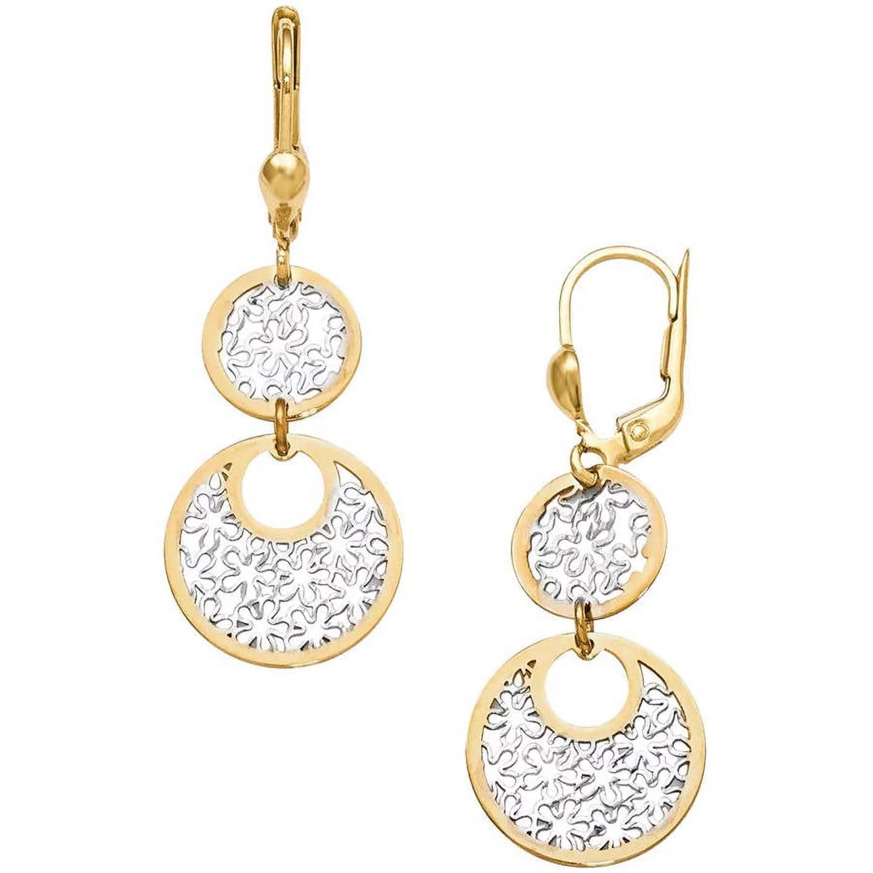 Primal Gold 14 Karat Yellow Gold with White Rhodium Polished and Textured Leverback Earrings