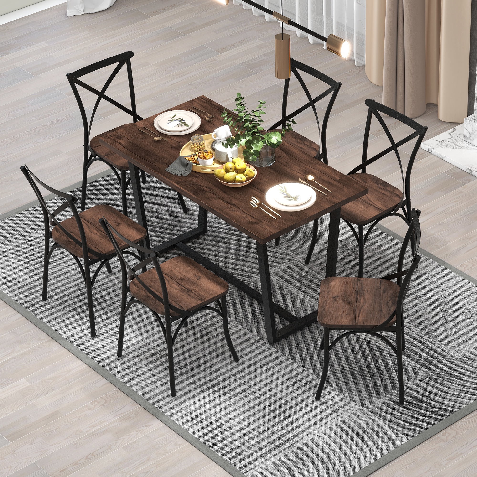 Churanty Metal Dining Table Set for 6 Industrial 7 Piece Kitchen Table Set Rectangular Table with 6 Dining Chairs Set, Rustic Brown