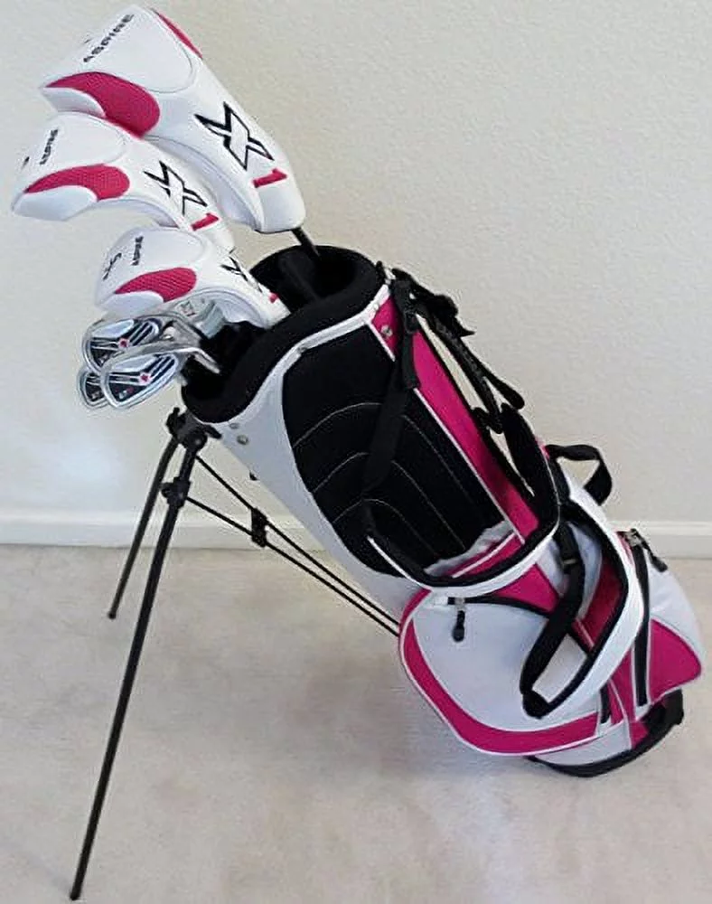 Ladies Complete Golf Club Set Womens Driver, Fairway Wood, Hybrid, Irons, Putter, Stand Bag Right Handed White and Pink Colors