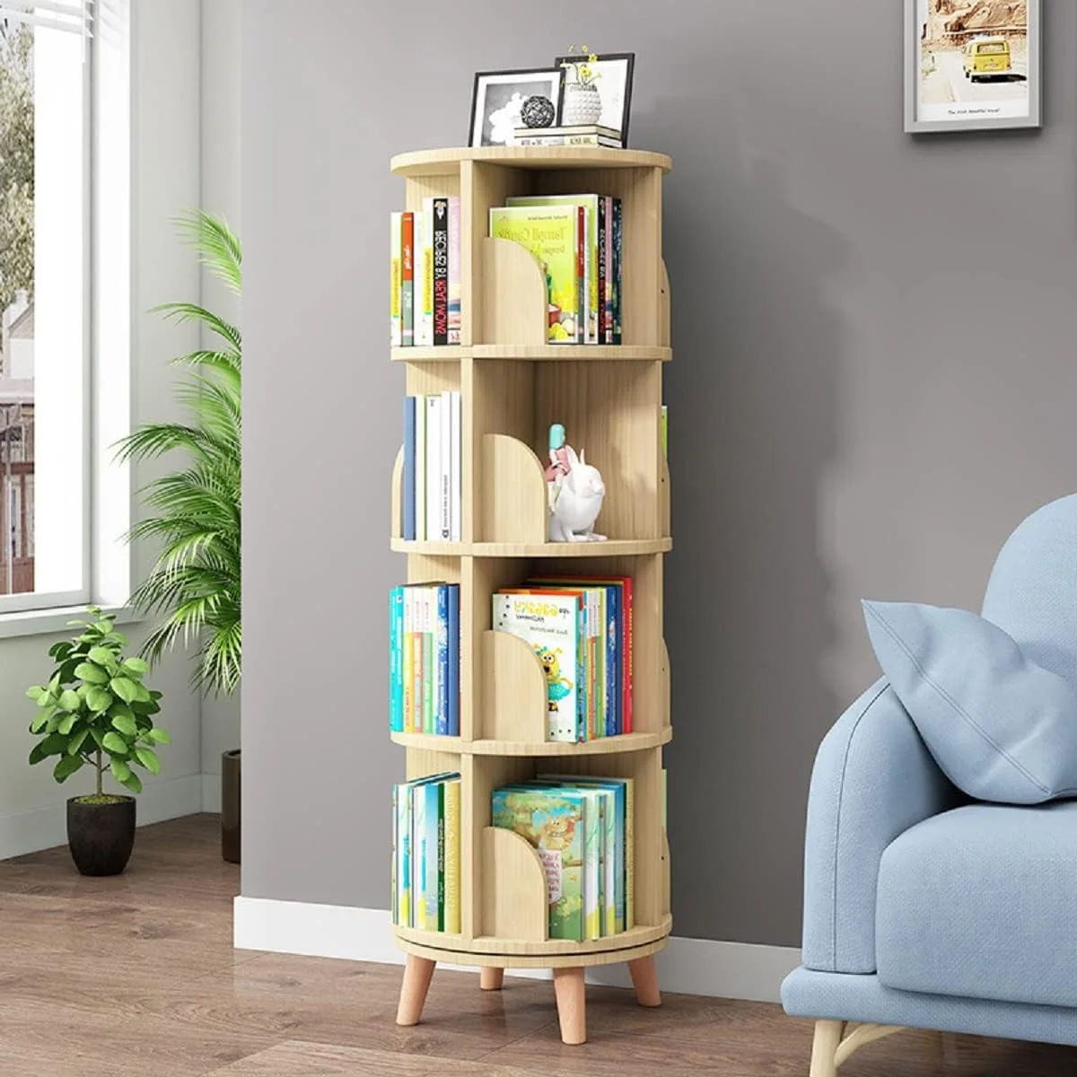 U-ToBe 4 Tier Rotating Bookshelf with Legs, Floor Standing Bookshelf Stackable Bookshelf Wood Bookcase Storage 360 Display Book Shelf for Living Room Bedroom