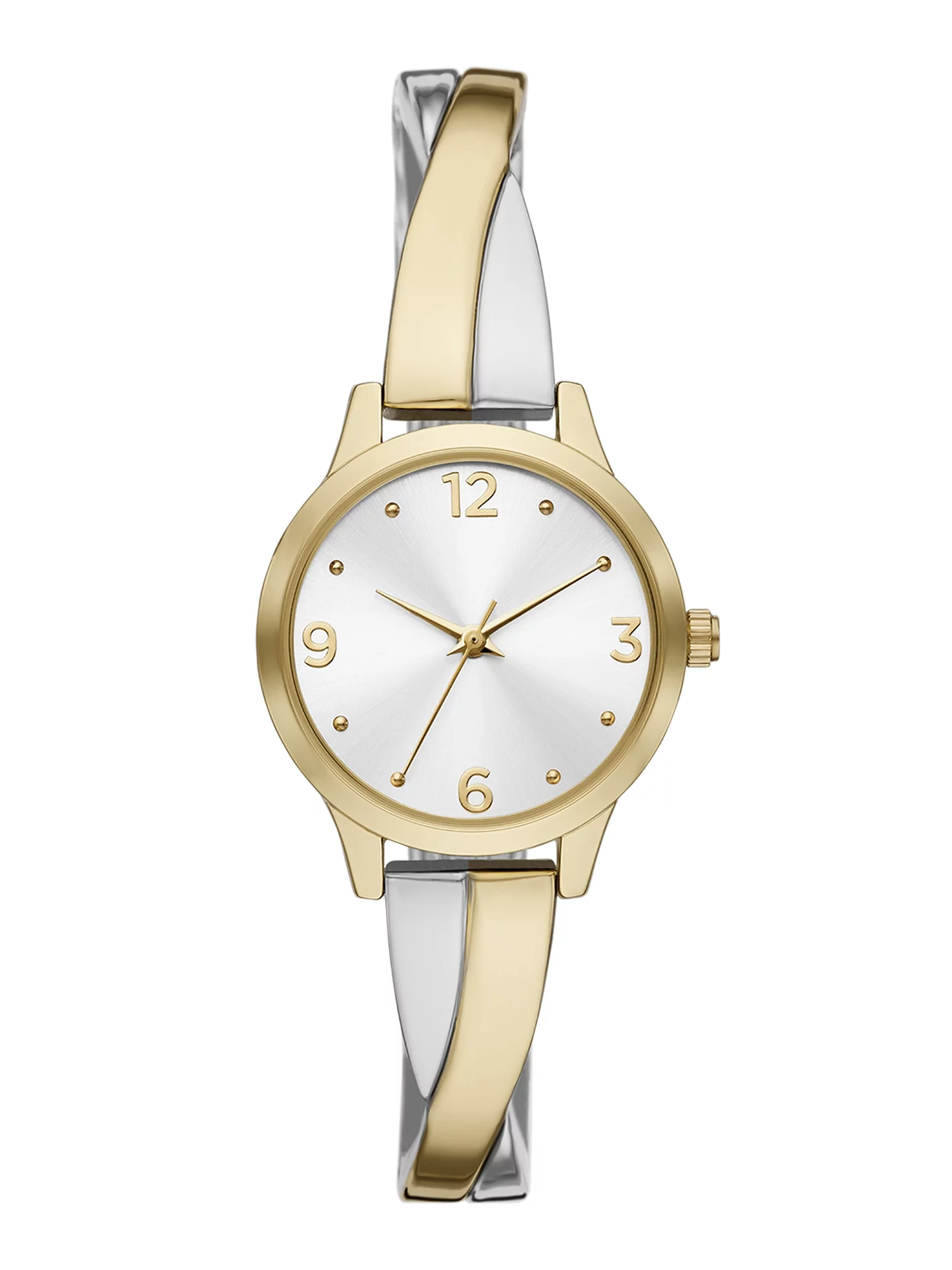 Time & Tru Women's Wristwatch: Gold Round Case, Silver Sunray Dial, Two Tone Half Bangle with Silver Link Bracelet (FMDOTT106)
