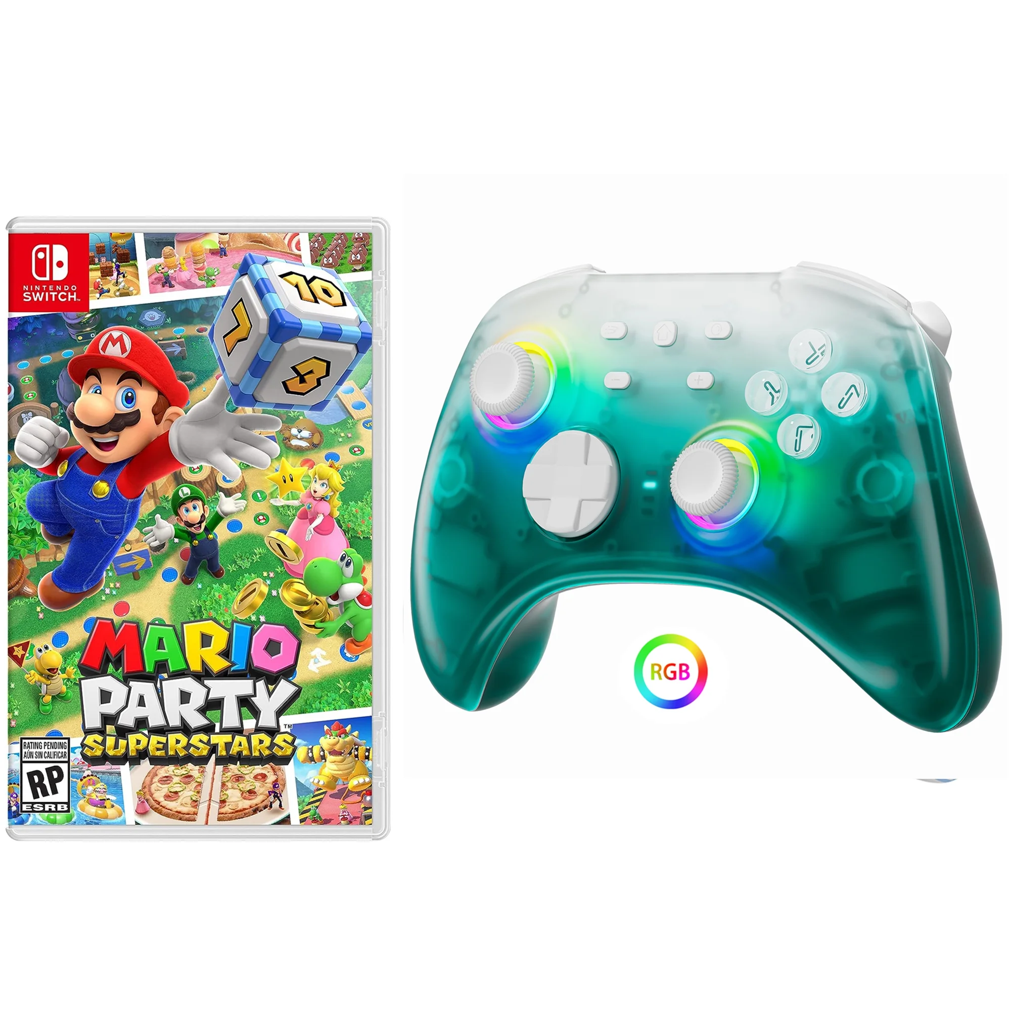 Mario Party Superstars Game Disc and Upgraded Switch Pro Controller for Nintendo Switch/PC/IOS/Android/Steam with Hall Effect Joysticks & Triggers Green