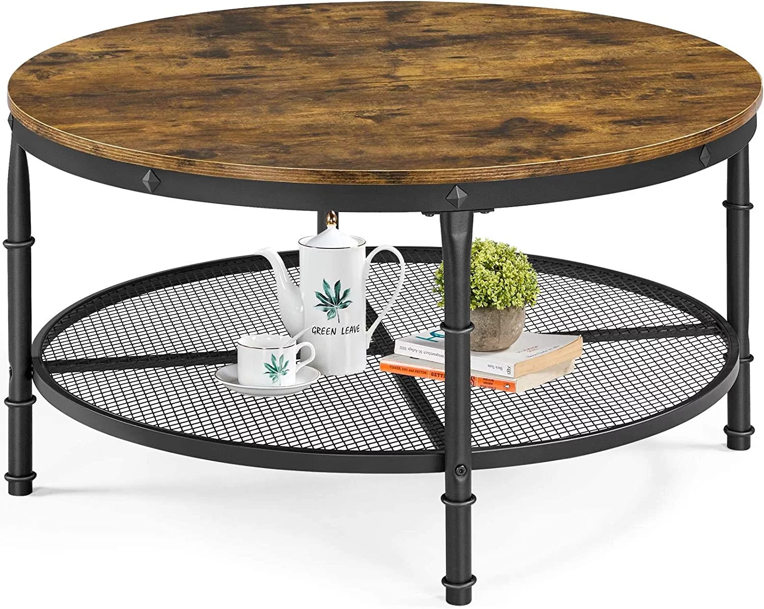 35.5-inch Round Coffee Table, 2-Tier Rustic Wood Coffee Table for Living Room, Industrial Center Table with Metal Frame and Wood Desktop, Easy Assembly, Rustic Brown