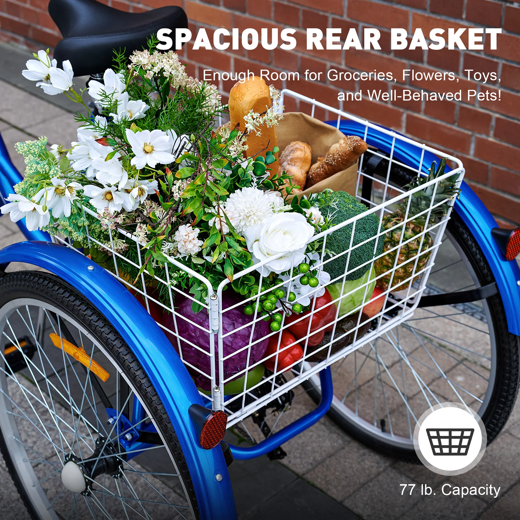 Viribus 24 Inch Adult Tricycle 7 Speed 3 Wheel Cruiser Bike Trike w Rear Basket, Blue