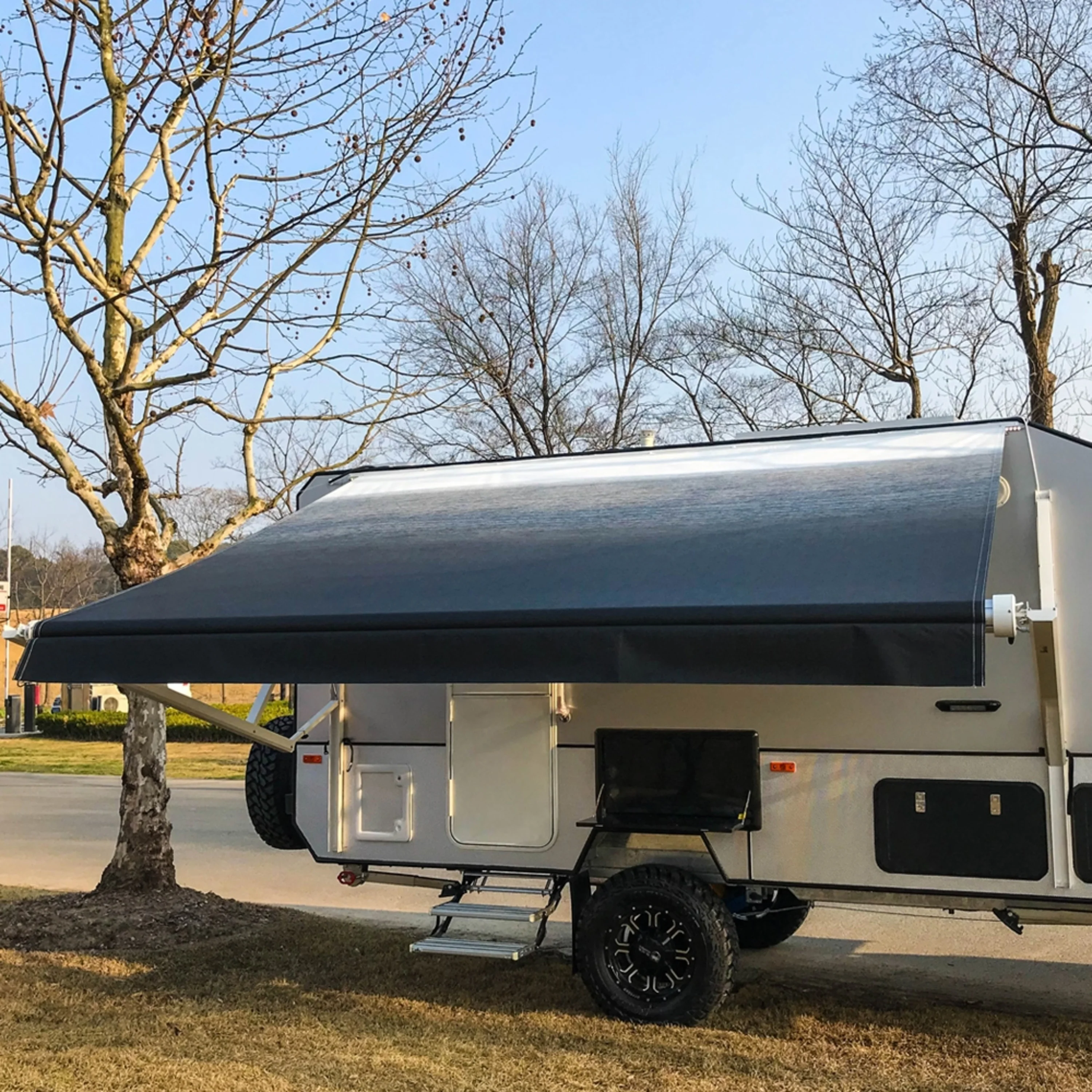 ALEKO Motorized Retractable RV Awning 16X8 ft Camping Vinyl Canopy Black Fade