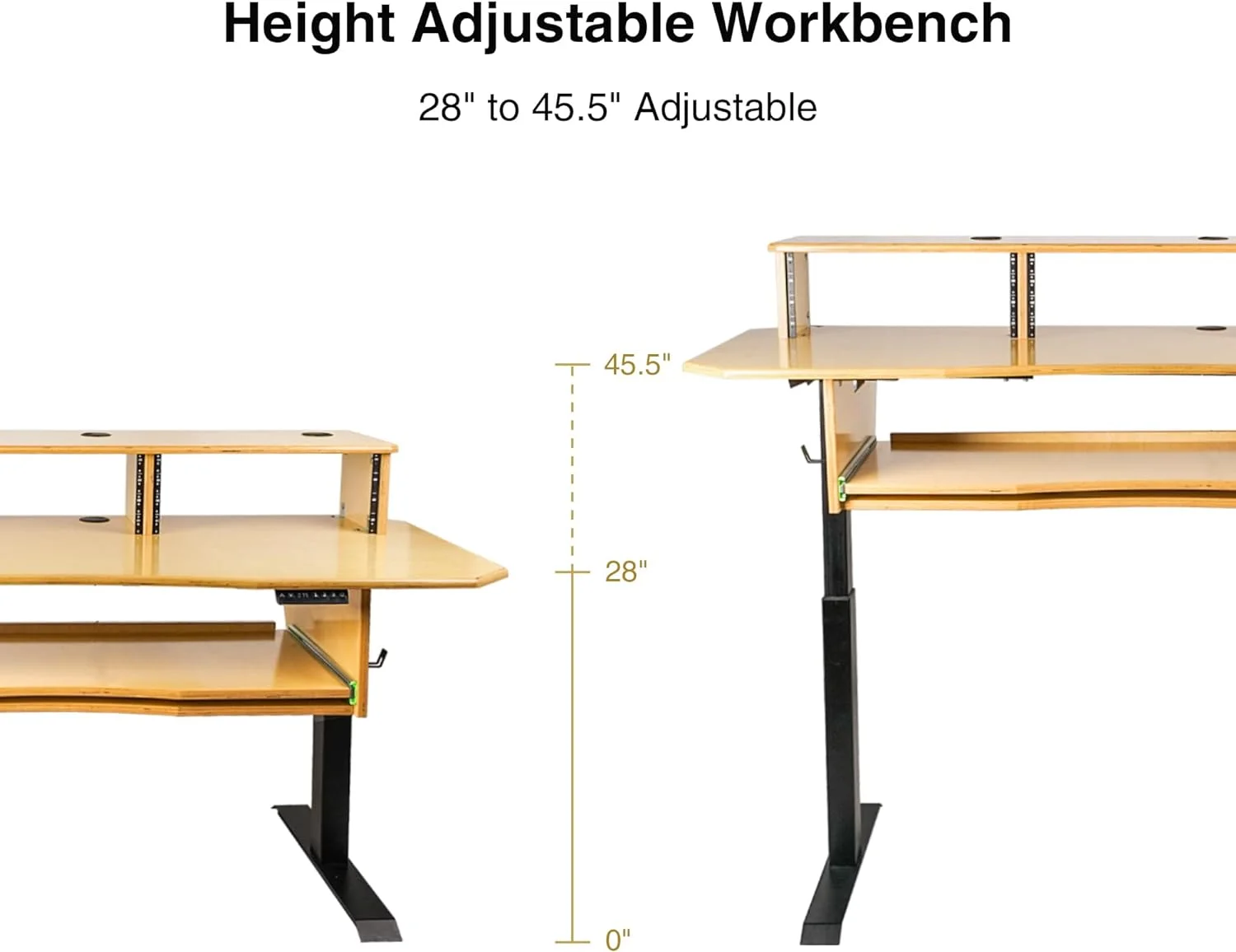 Sound Town DIY Music Studio Desk Workstation Furniture, Electric Height Adjustable, 3x4U Rack Space & Top Shelf, Sliding Piano Keyboard Tray, All Plywood, Golden Oak, (SDRK-SD1)