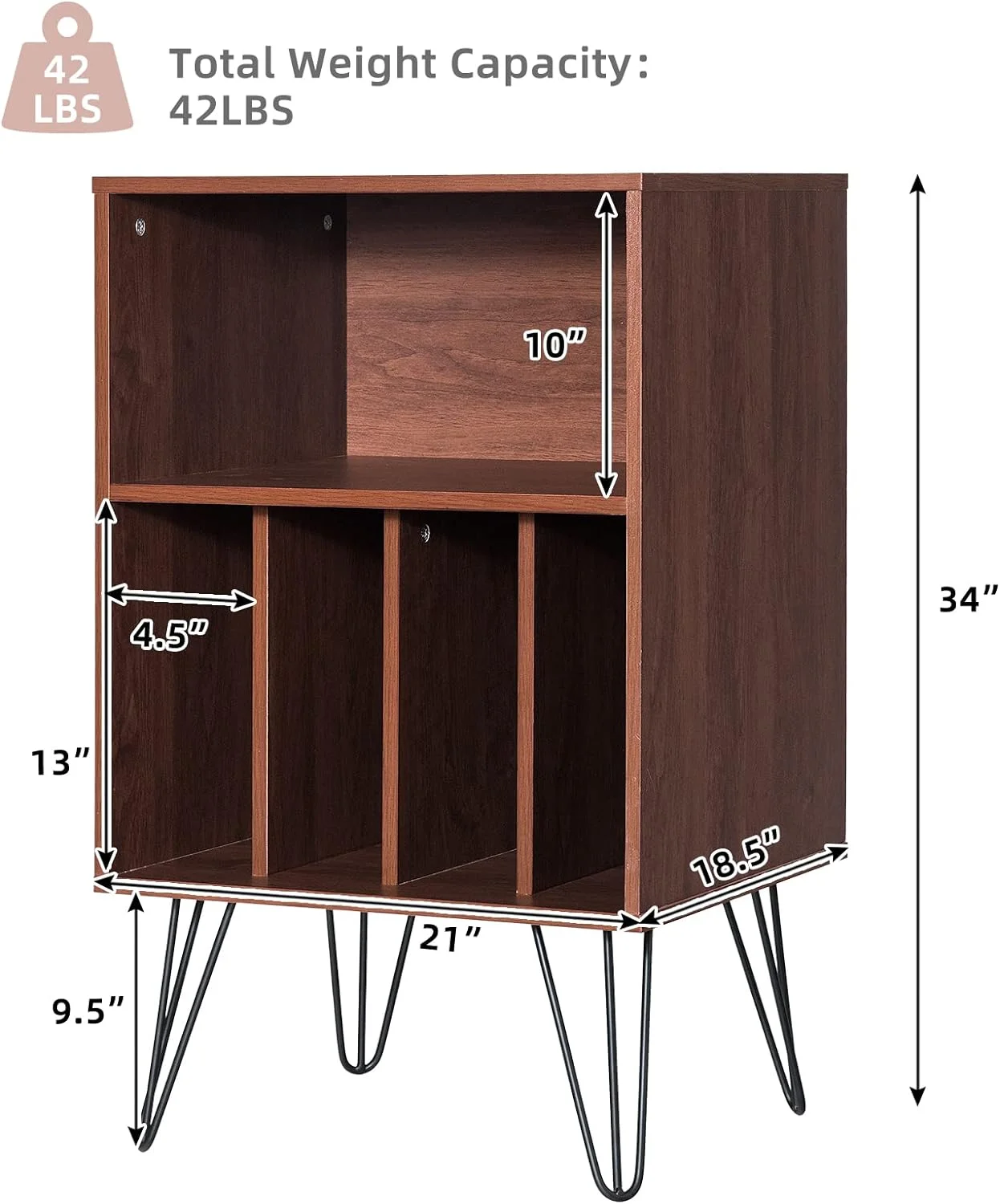 Record Player Stand, Turntable Stand Holds up to 150 Albums, Mid-Century Vinyl Storage Cabinet Table with Metal Legs, Record Player Holder End Table for Bedroom Living Room, Brown