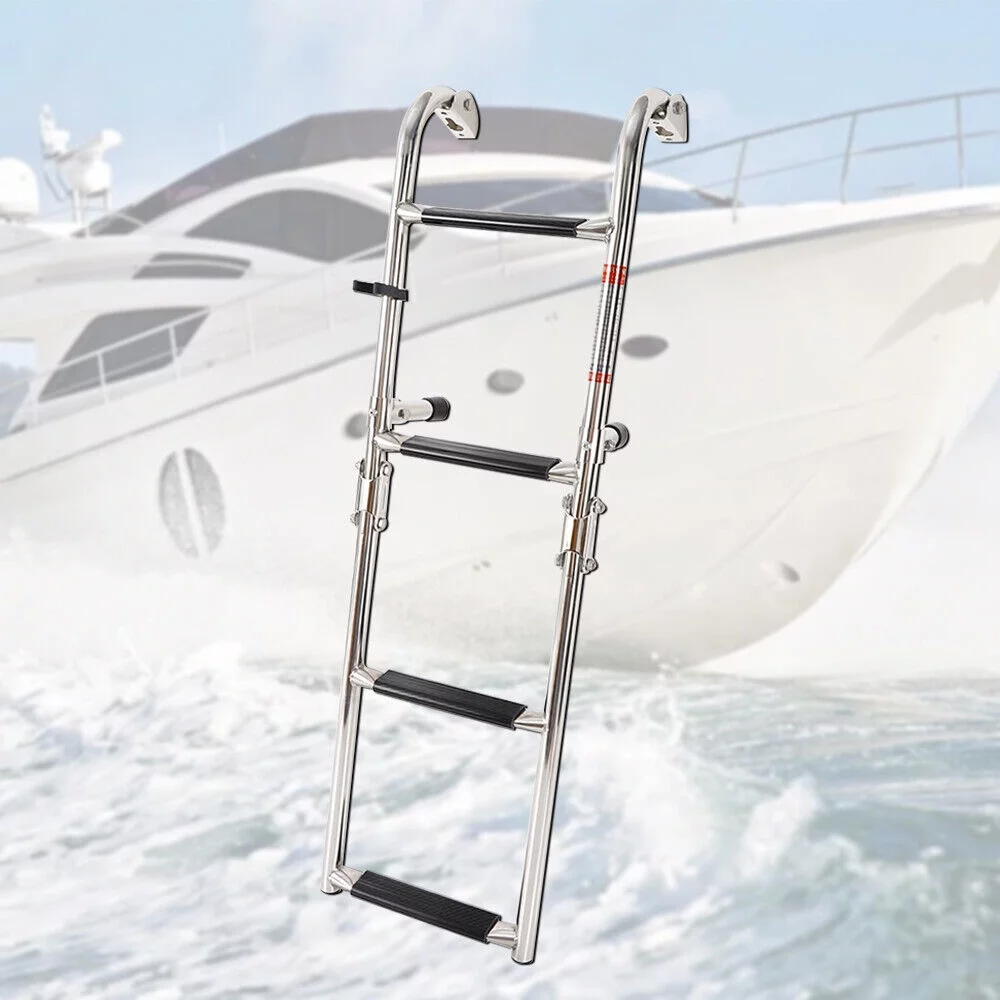 ZhdnBhnos 4 Step Boat Ladder Folding Pontoon Ladder Stainless Steel Telescopic Marine Boat Ladder