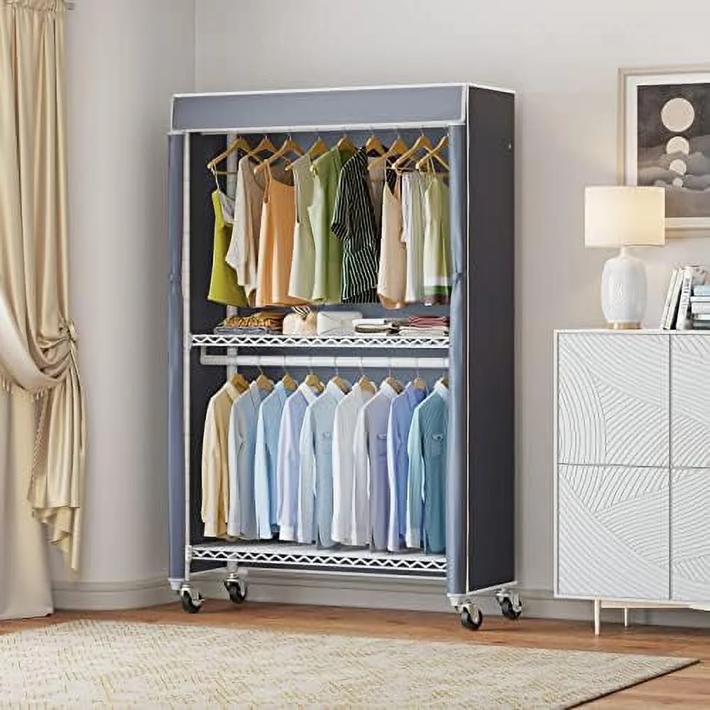 HYHBIBOOM V12C Heavy Duty Rolling Garment Rack with Cover Clothing Rack for Hanging Clothes Portable Closets with Adjustable 3 Wire Shelving  Double Rods  Wardrobe on Wheels  White Rack w