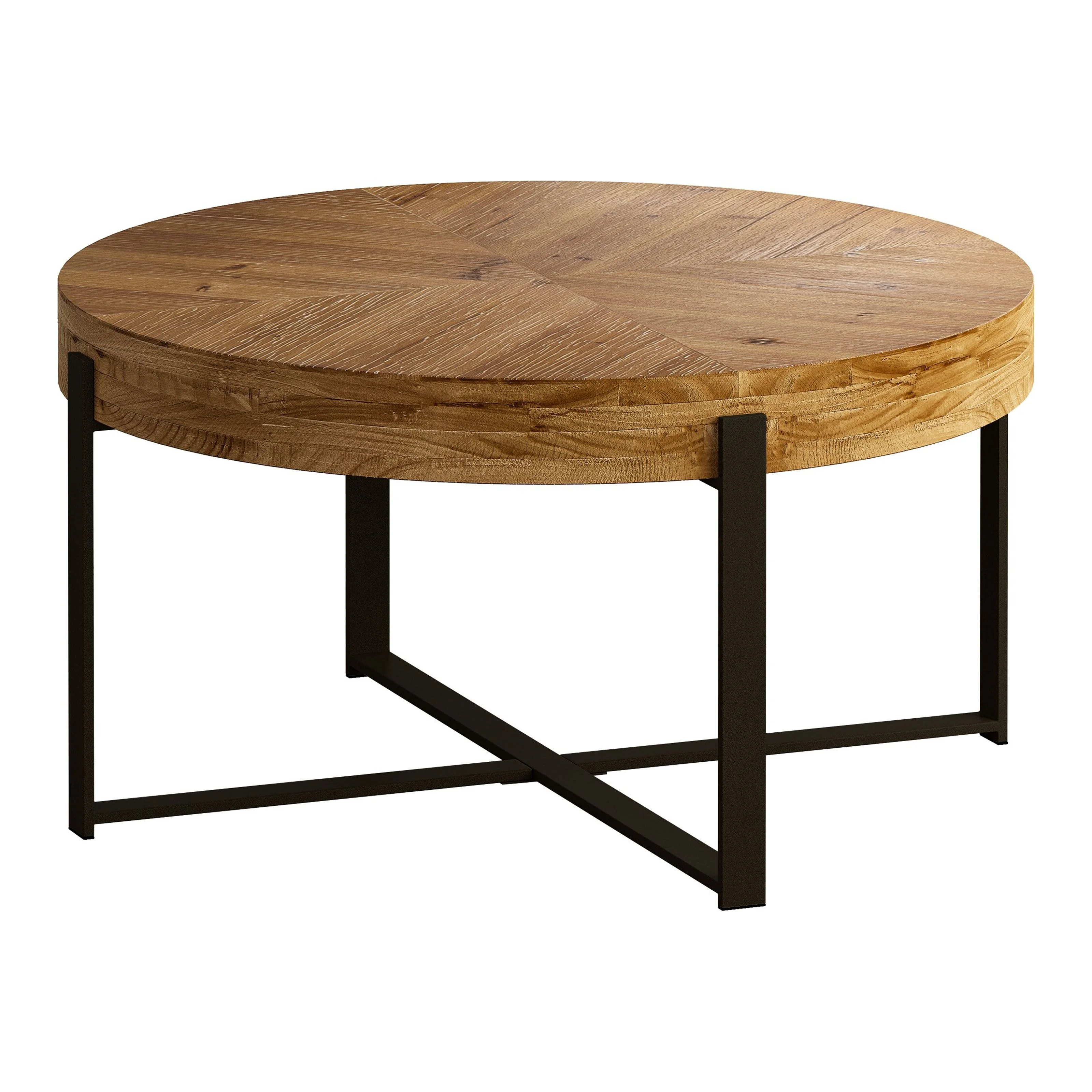 Modern Retro Splicing Round Coffee Table,with Cross Legs Metal Base Natural+Black-33.86