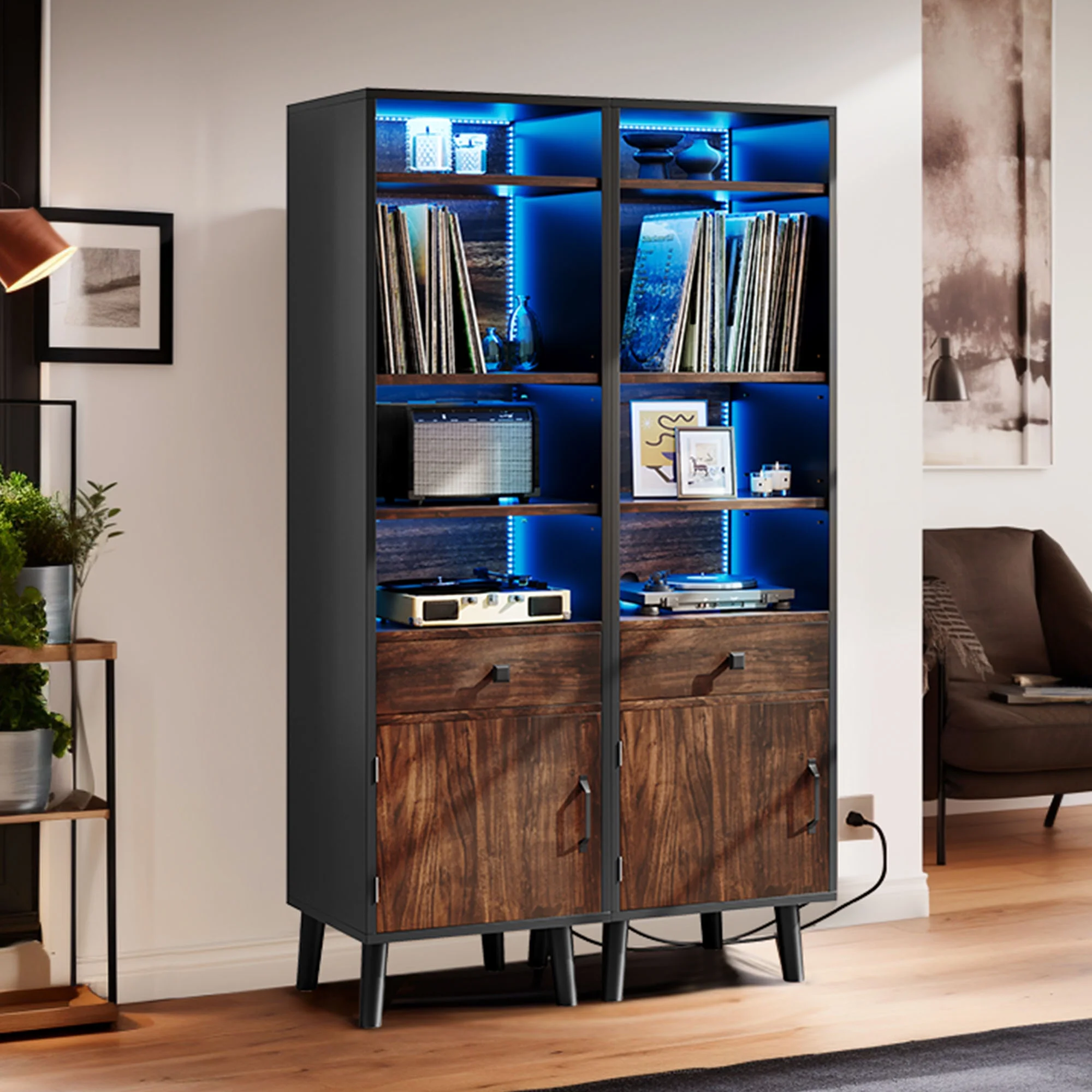 DWVO 6-Tier Record Player Stand With Power Outlets and LED Light, Turntable Stand with Vinyl Record Storage Cabinet Holds Up to 550 Albums