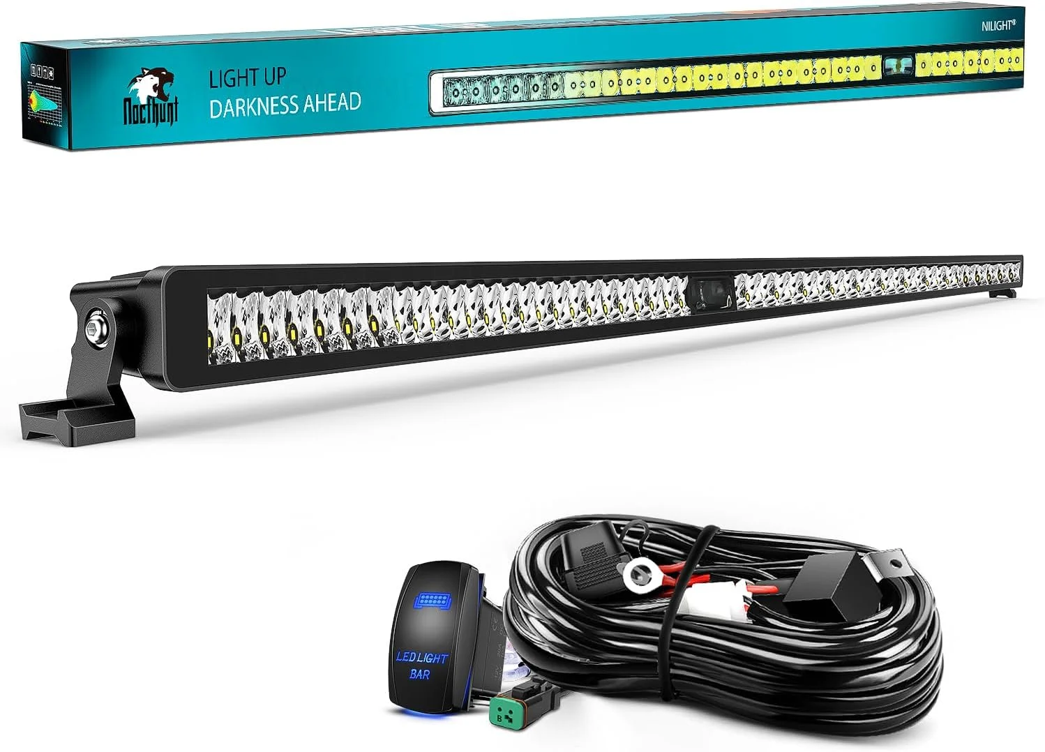 Nilight LED Light Bar 52inch 49LED Single Row Spot LED Lights Screw-Less Night Vision Off Road Lights w/14AWG Rocker Switch Wiring Harness Kit for Driving Light on Truck ATV UTV, 2 Years Warranty