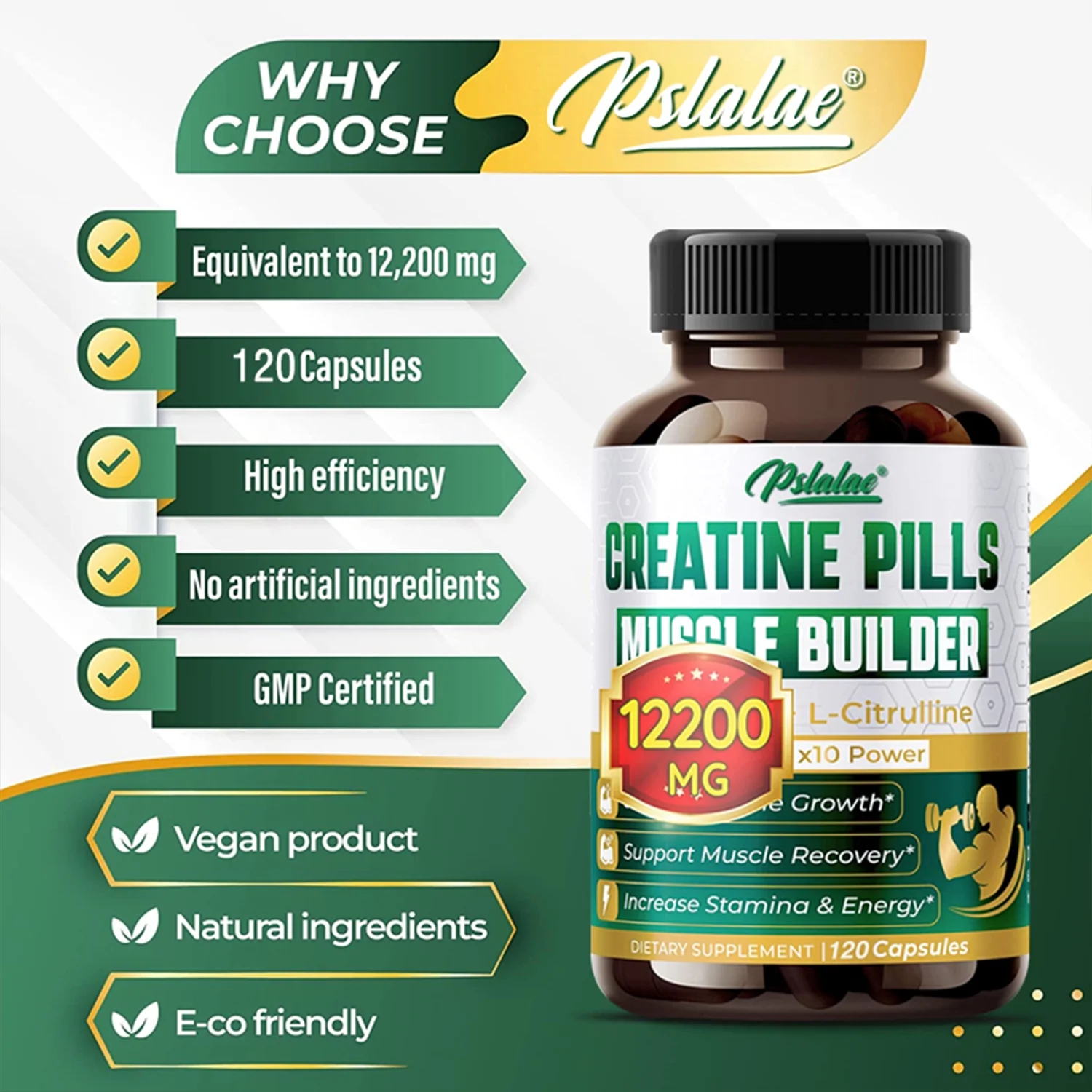 Pslalae Creatine Monohydrate - Energy & Endurance, Muscle Health, Testosterone Booster(30/60/120pcs)