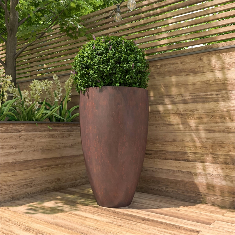 LeisureMod Petal Tapered Round Planter Pot in Fiberstone and Clay Brown