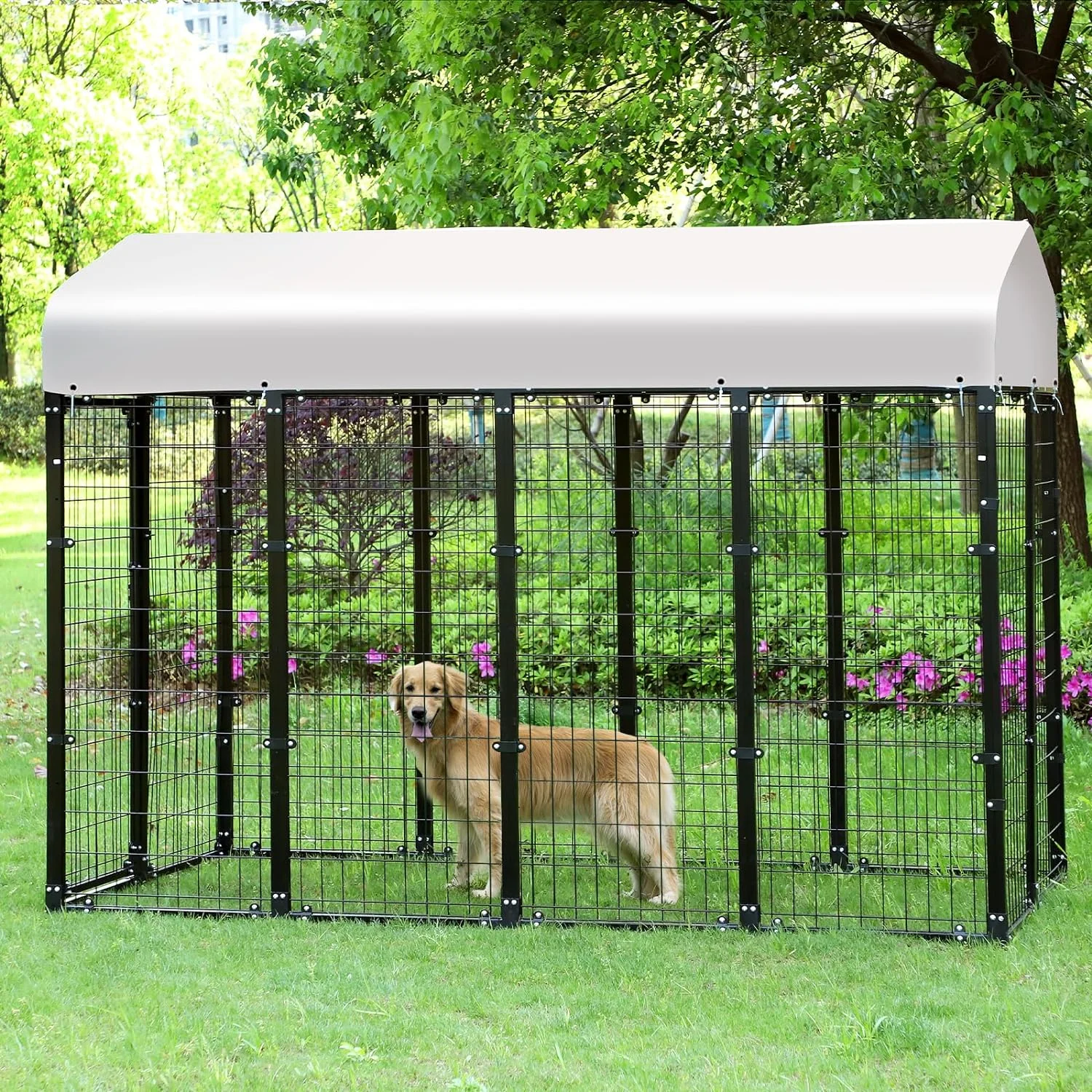 Magic Union 8x4x6 FT Dog Kennel Outdoor for Large Dogs, Heavy Duty Welded Wire Steel Dog Playpen Fence with Lockable Door, UV-Resistant Waterproof Roof Cover for Outside