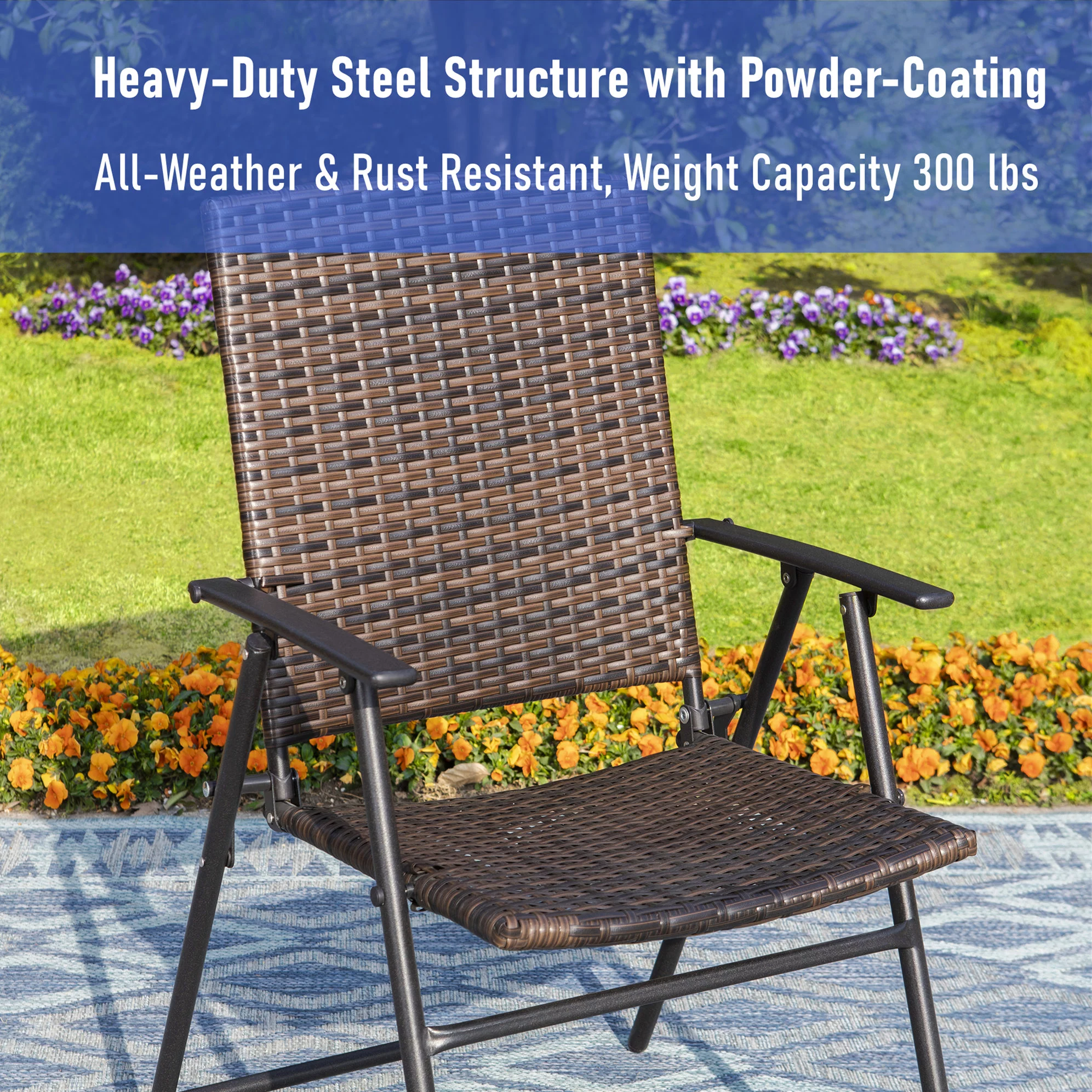 MF Studio 2 Piece Patio Wicker Folding Dining Chairs with Metal Frame, Dark Brown