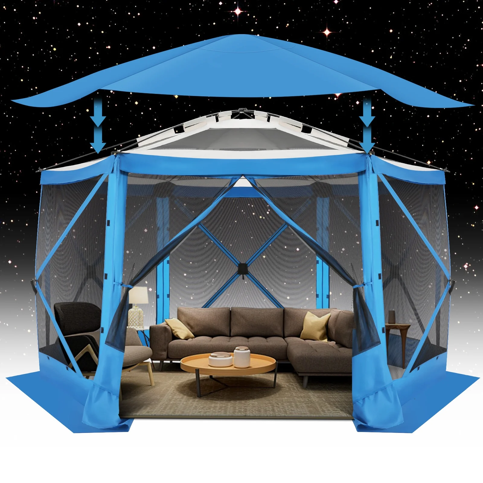 Hoteel 12x12 Pop Up Gazebo Propped-up Canopy Camping Tent with Mosquito Nettings, Waterproof, UV 50+ Resistant, Hub Tent Instant Screened Canopy with Mesh Windows, Carry Bag & Ground Stakes, Blue