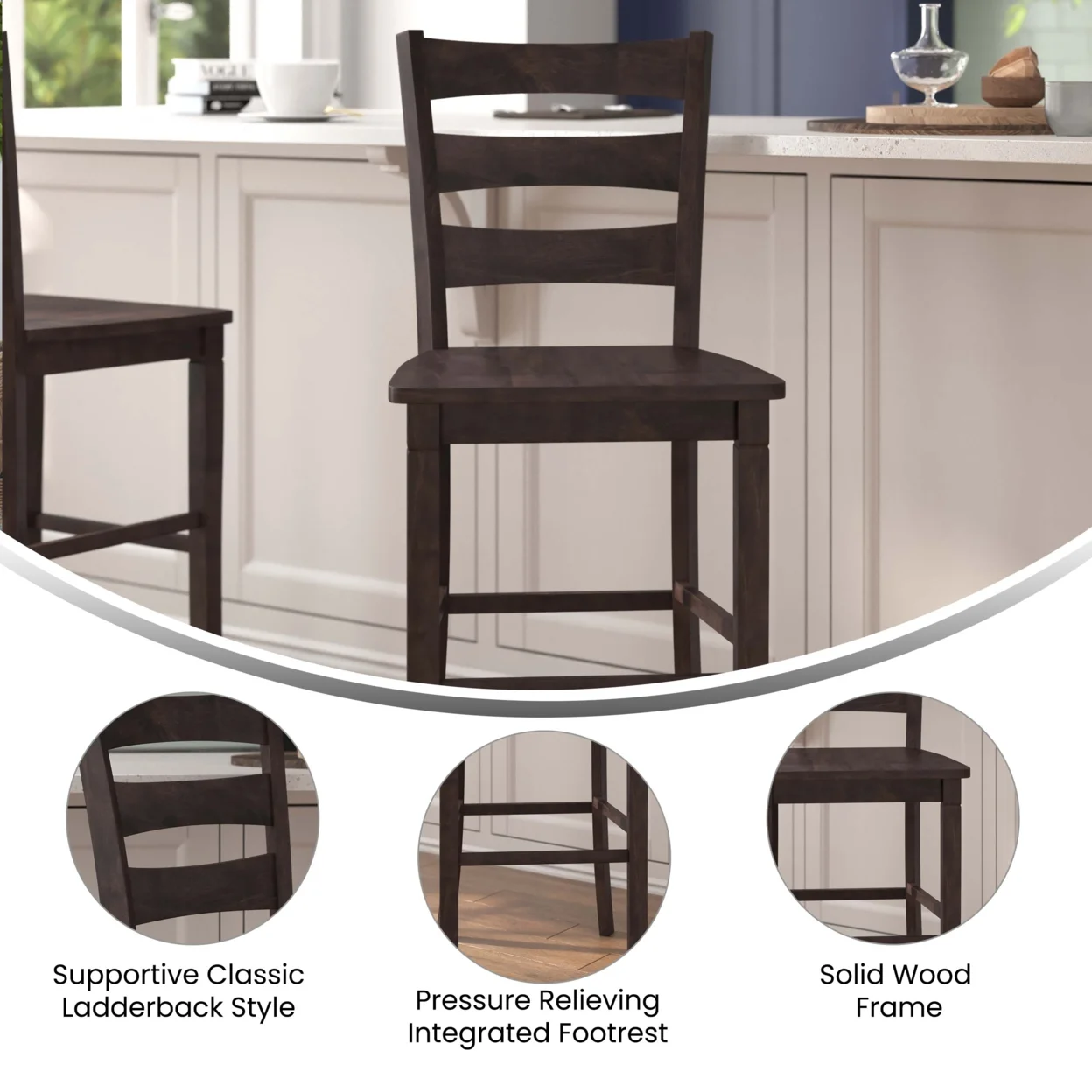 2 Piece Bar Stool, Slatted Design Back, Washed Gray