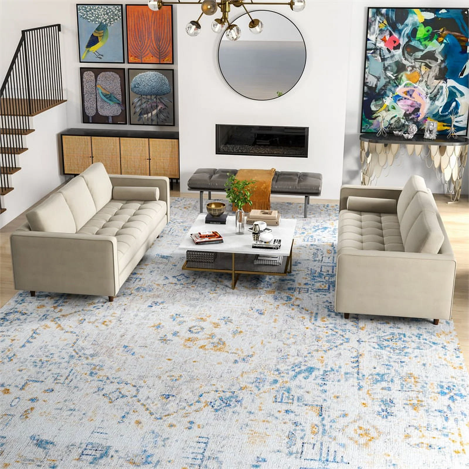 Tahir Mid-Century Pillow Back Velvet Sofa Set in Beige