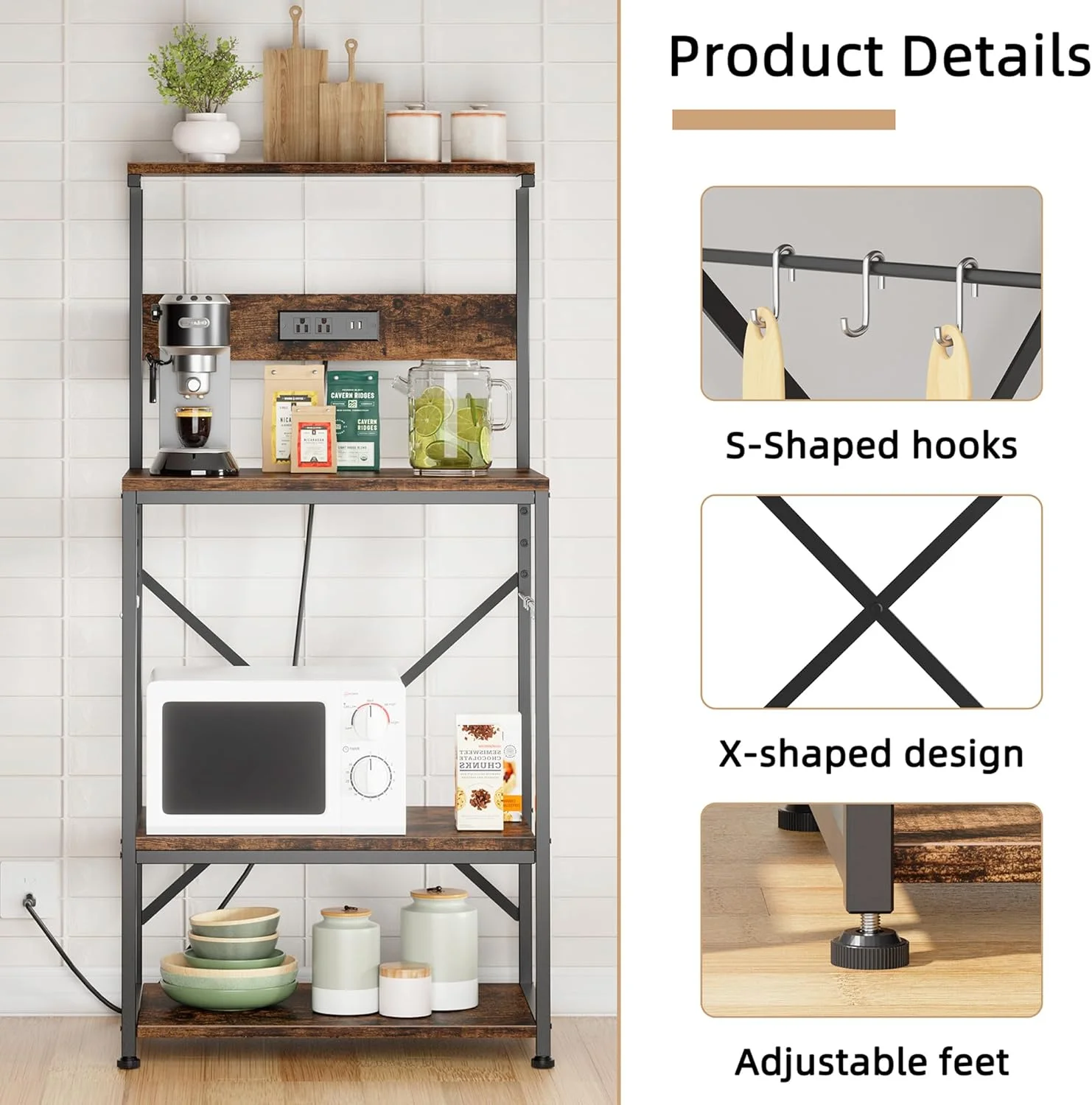 Kitchen Bakers Rack with Power Outlet, Microwave Stand with 6 S-Shaped Hooks, 4-Tier Coffee Bar Microwave Rack (23.62'', Rustic Brown)