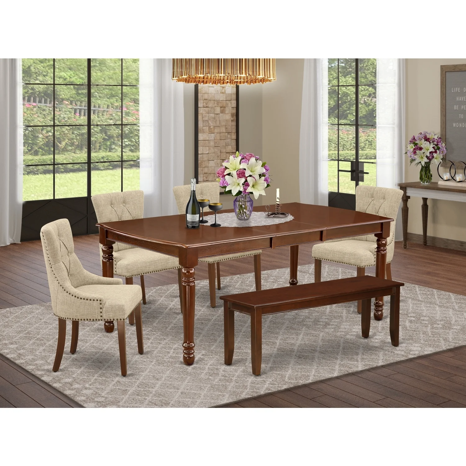 HomeStock Medieval Majesty 6Pc Dining Set Includes A Rectangle Dinette Table With Butterfly Leaf, Four Parson Chairs With Doeskin Fabric And A Bench, Mahogany Finish