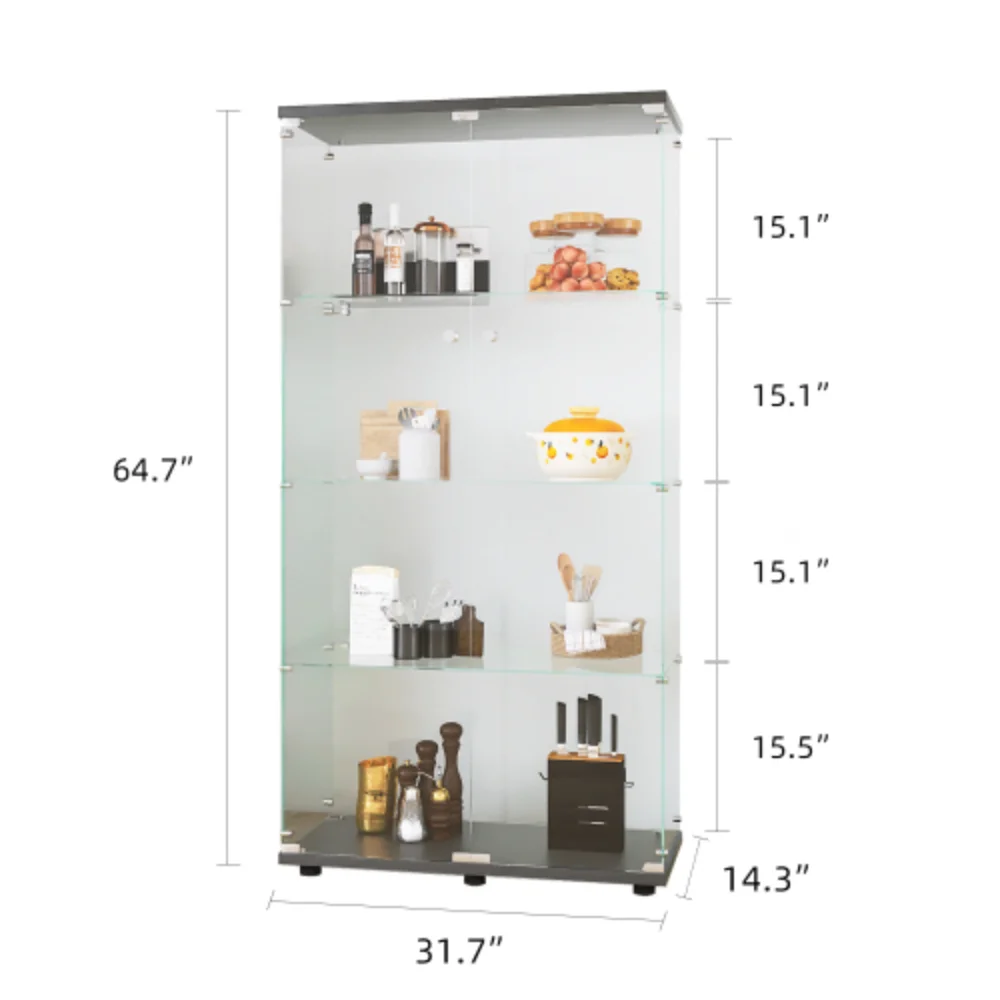 Two-door Glass Display Cabinet 4 Shelves with Door, Floor Standing Curio Bookshelf for Living Room Bedroom Office, 64.7