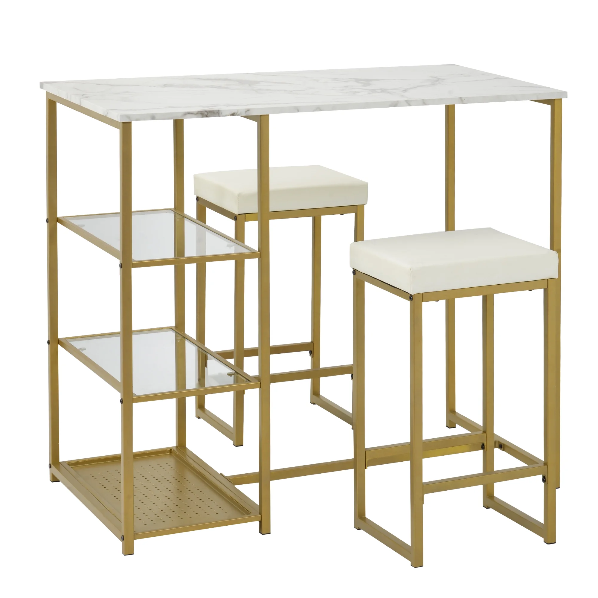 EUROCO Pub Set with Bar Stools, Faux Marble Countertop, White and Gold, Set of 2