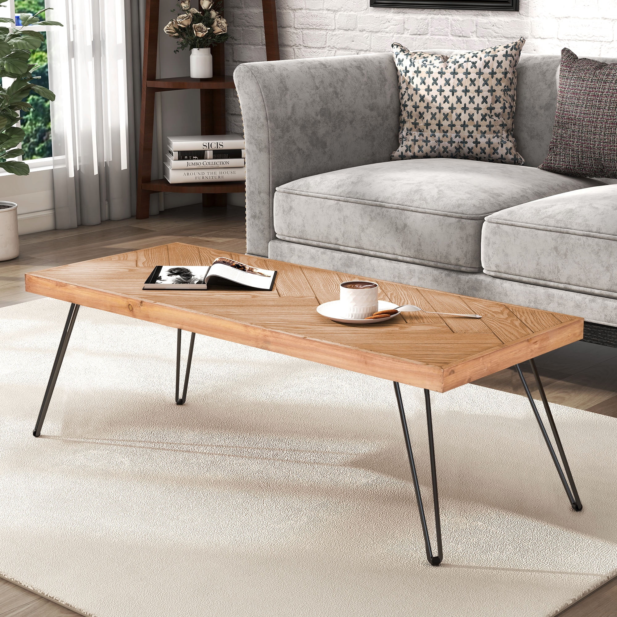 EUROCO 43.3“ Modern Coffee Table, Easy Assembly Tea Table, Cocktail Table with w/Chevron Pattern & Metal Hairpin Legs for Living Room, Ash Wood Finished