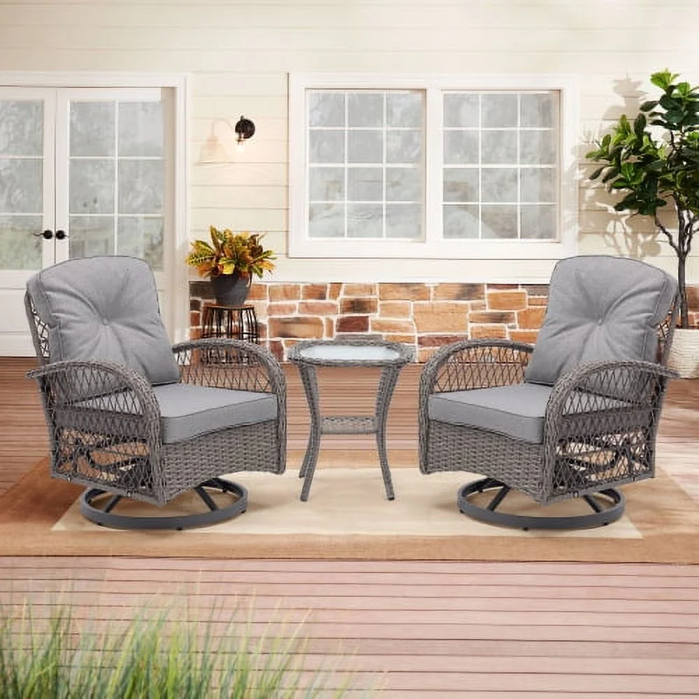 3 Pieces Outdoor Swivel Rocker Patio Chairs, 360 Degree Rocking Patio Conversation Set with Thickened Cushions and Glass Coffee Table for Backyard, Grey