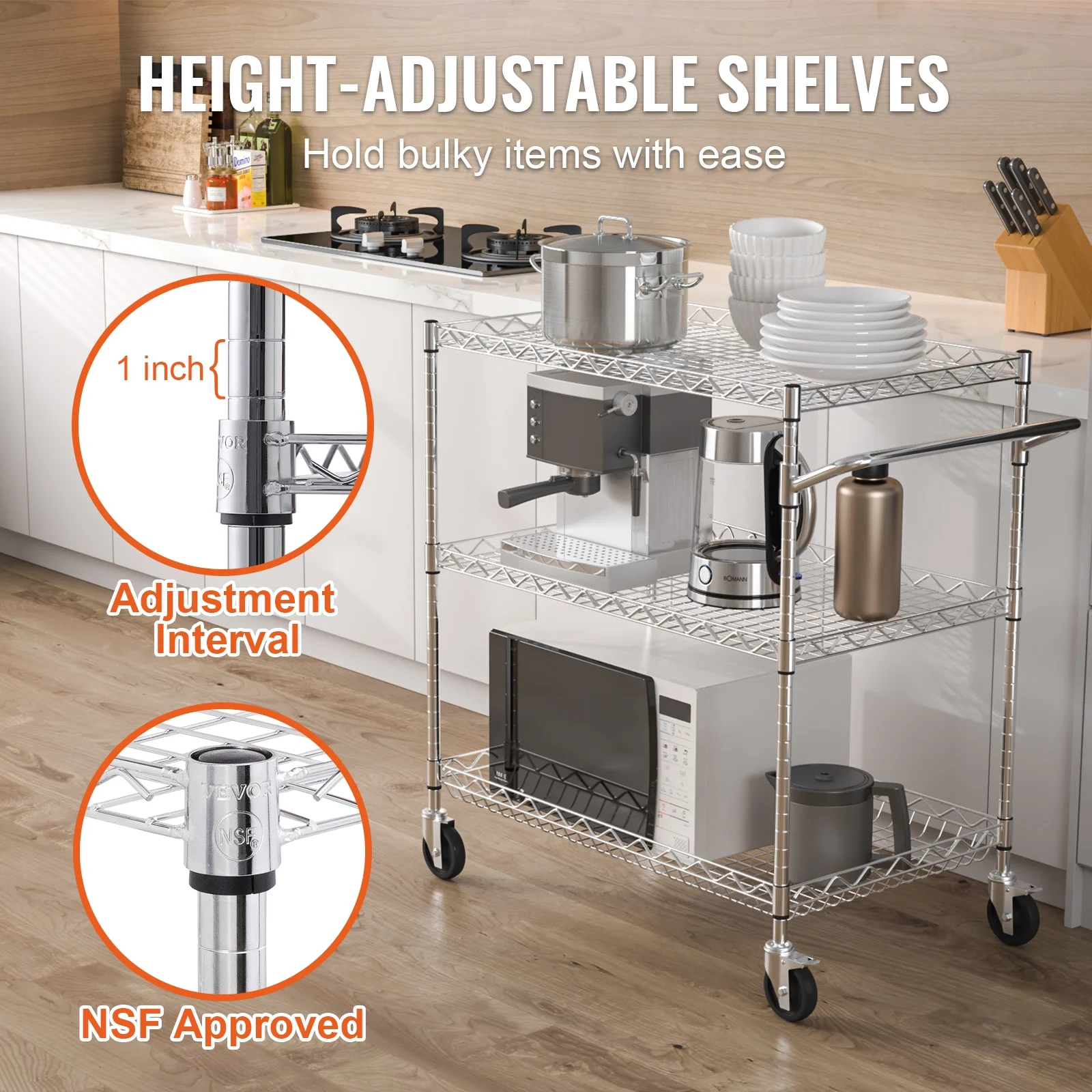 BENTISM 3-Tier Utility Cart Rolling Cart on Wheels 30