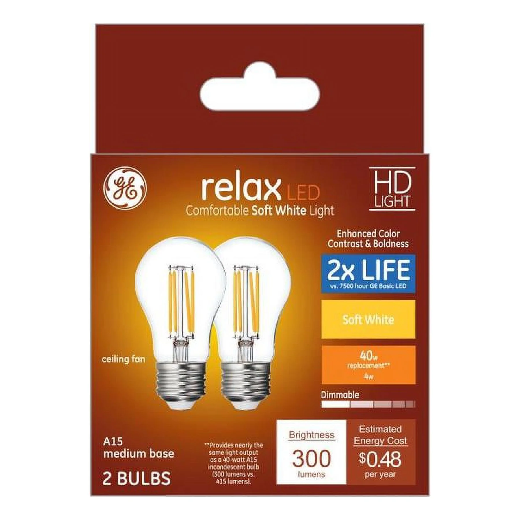 GE Relax 2-Pack 40 W Equivalent Dimmable Soft White A15 LED Light Fixture Light Bulb