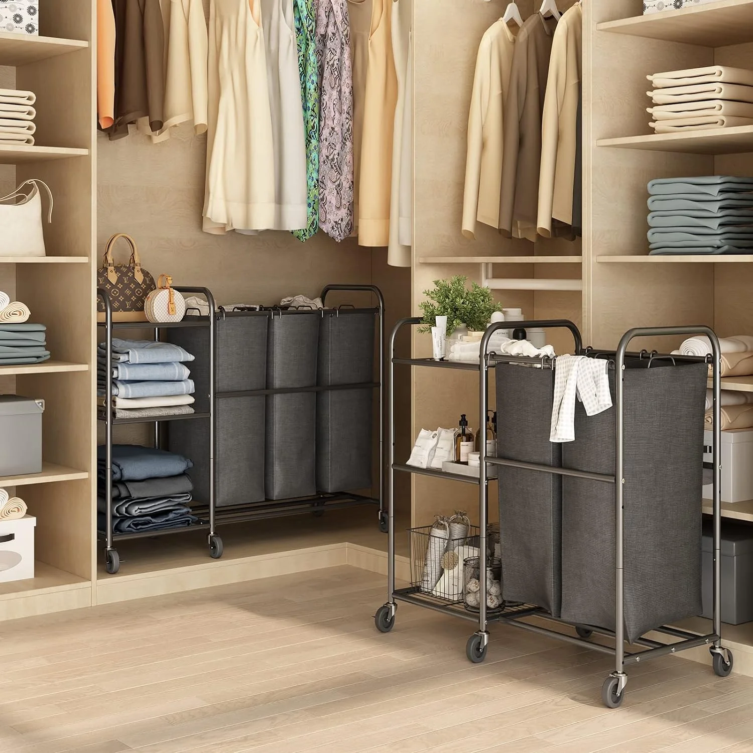 HOYRR  Laundry Hamper Sorter Cart with Storage Shelf and Rolling Wheels, 3 Bag Organizer, Black