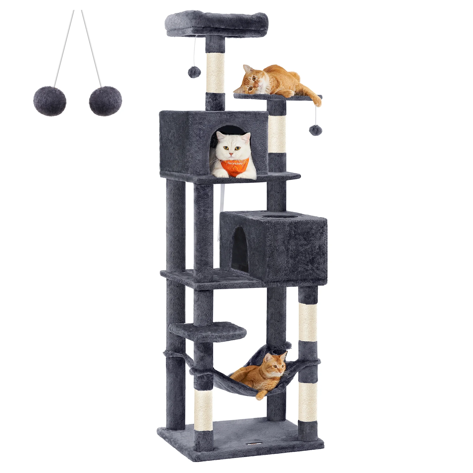 Feandrea Cat Tree 75.2-Inch Multi-Level Cat Tower for Indoor Cats, Plush Condo with Scratching Posts, Perches, Caves, Hammock, Pompoms, Smoky Gray