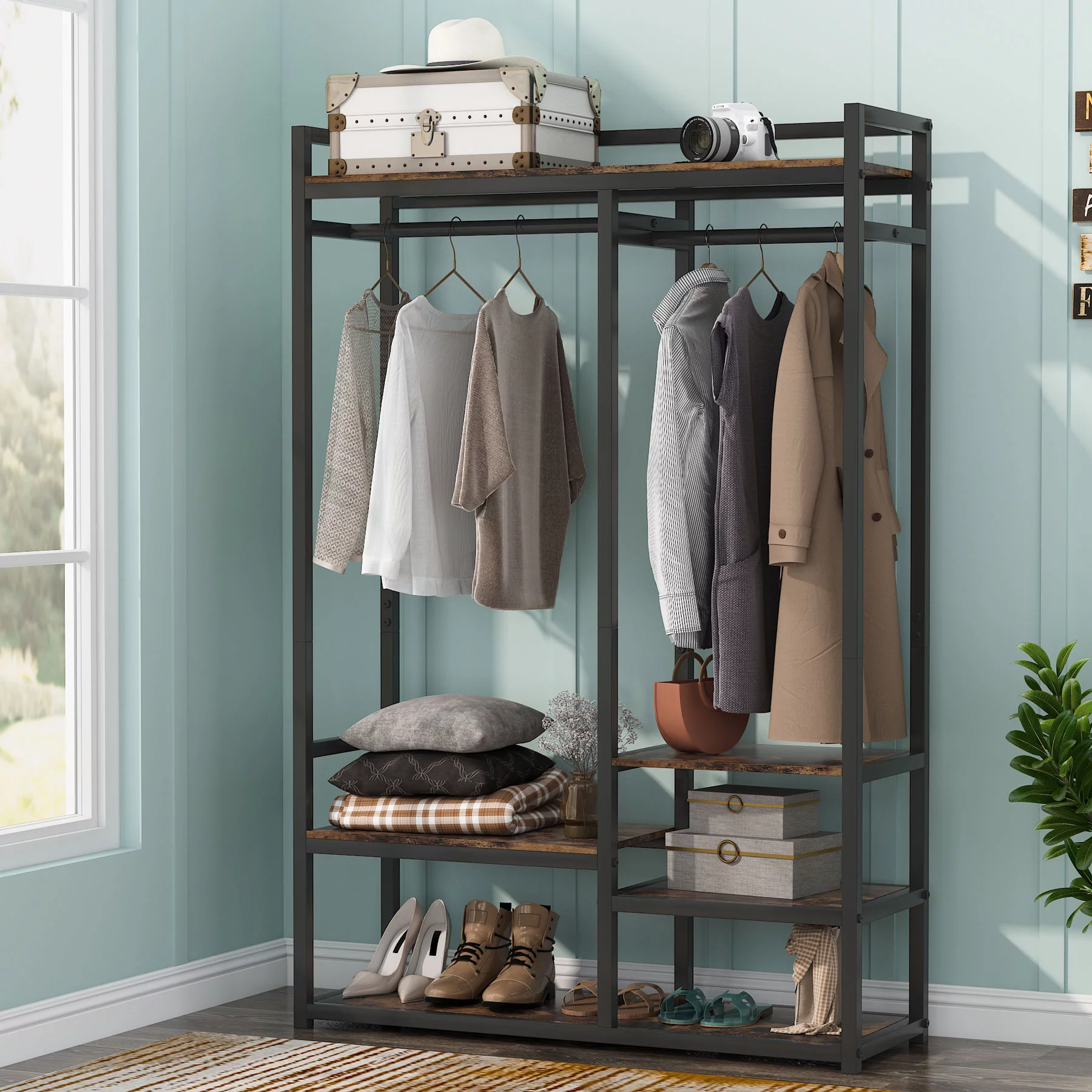 Tribesigns Clothes Garment Rack for Hanging Clothes, Free-Standing Closet Organizer with Shelves,Heavy-Duty Double Rod Closet Clothing Shelving for Bedroom (Rustic Brown)