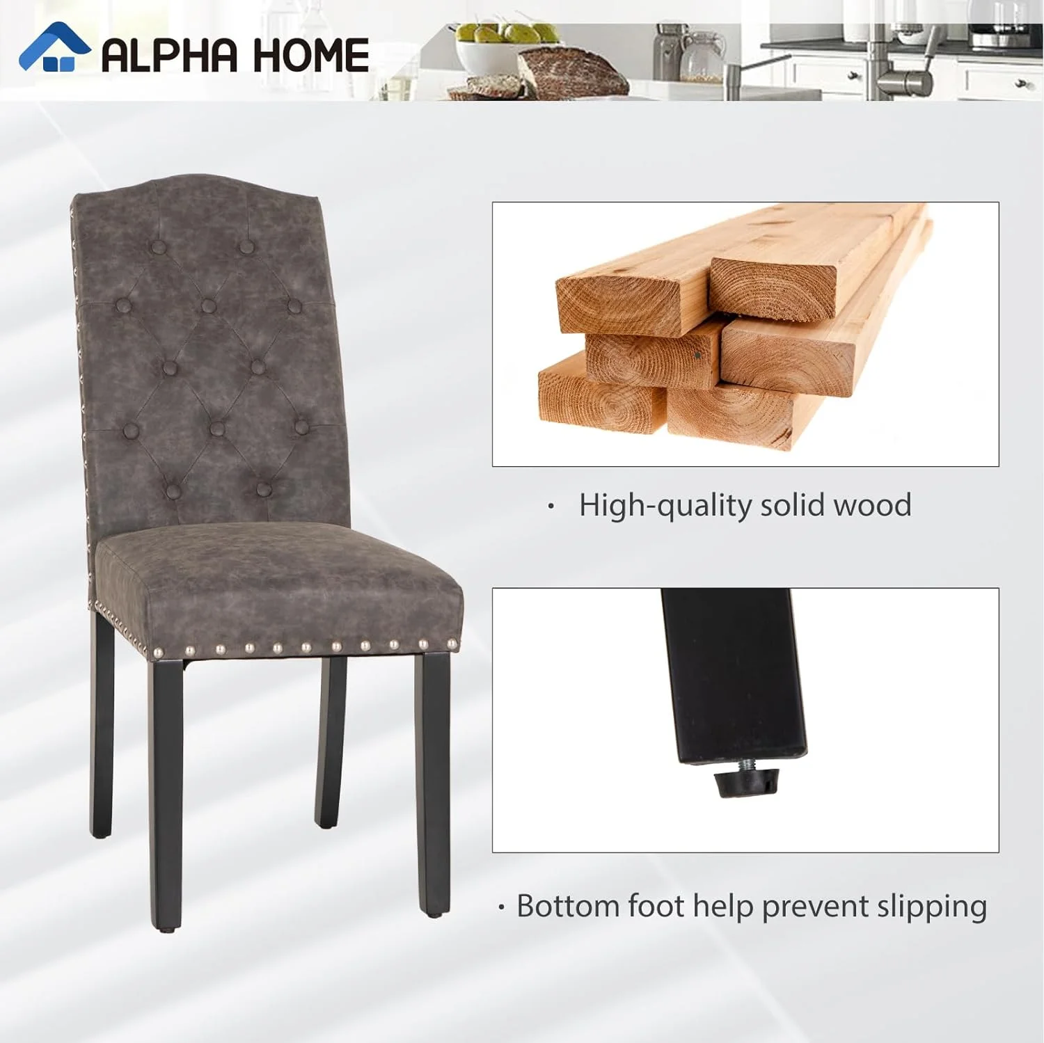 Dining Chairs Set Of 2, Upholstered Dining Room Chairs, Tufted Kitchen Chairs With Solid Wood Legs And Tall Backrest, Faux Leather Padded Parson Chairs, Grey