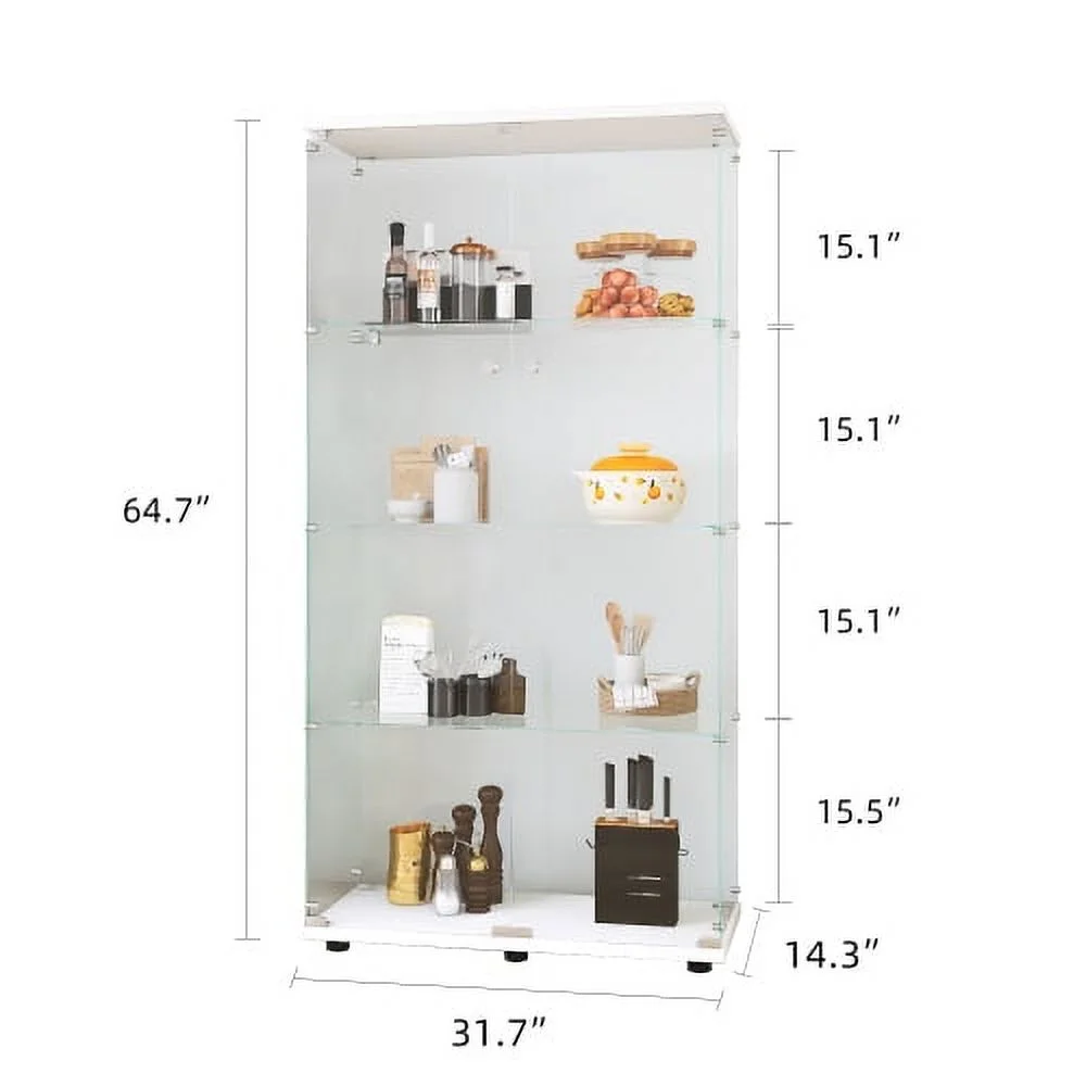 Two-door Glass Display Cabinet 4 Shelves with Door, Floor Standing Curio Bookshelf for Living Room Bedroom Office, 64.7