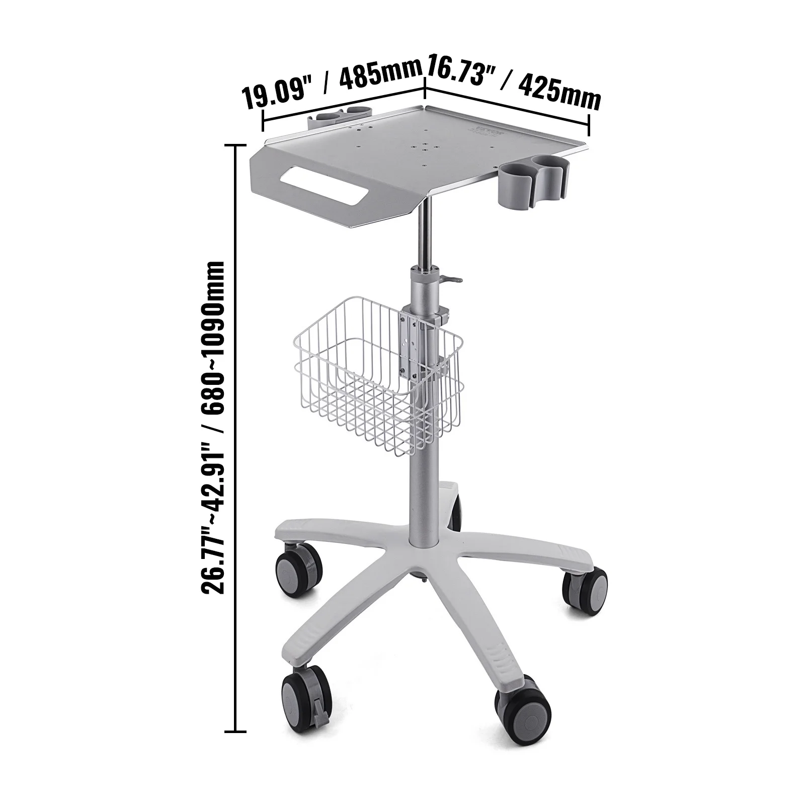 SKYSHALO Mobile Rolling Cart Height-Adjustable Medical Trolley Cart with Basket
