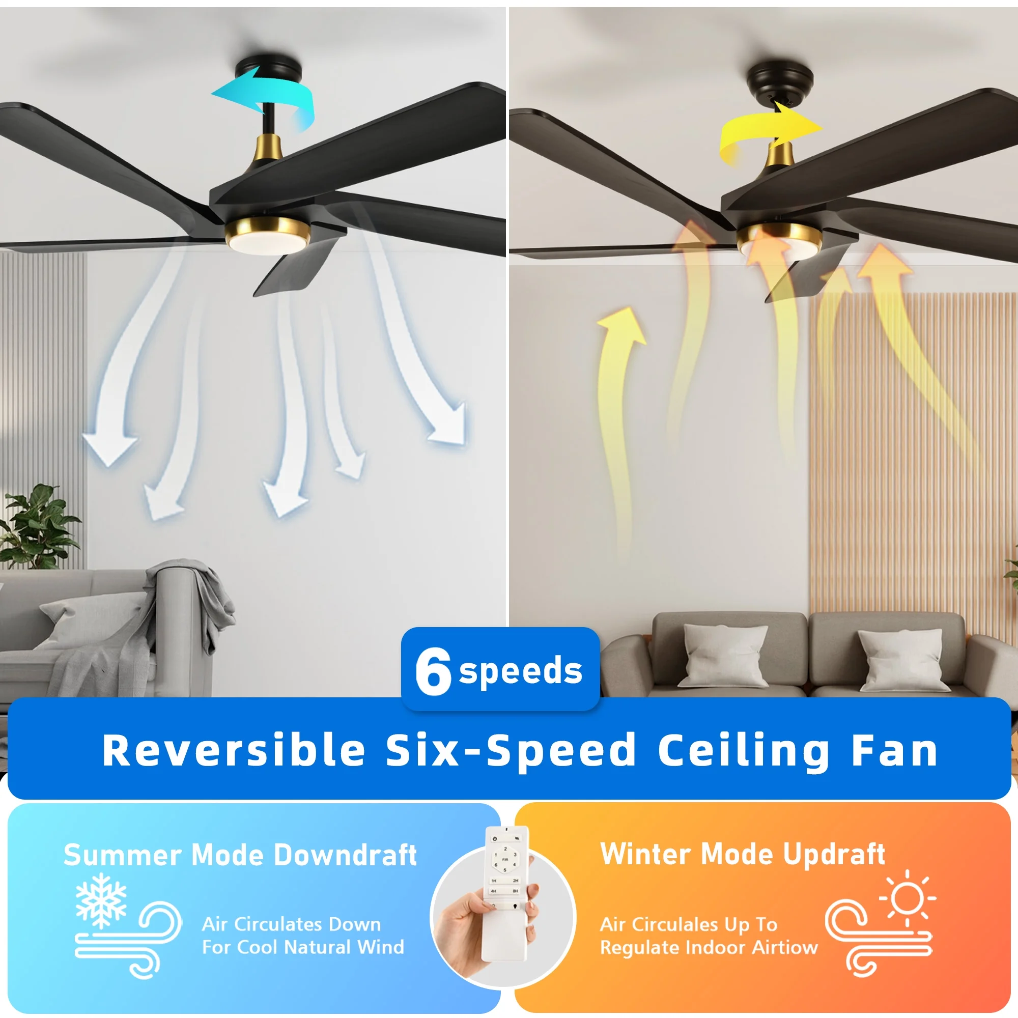 Dextrus Ceiling Fan with Light and Remote Control, 52'' Black Gold Ceiling Fan with Light, 6-Speed Reversible DC Motor, 5 Wood Fan Blades