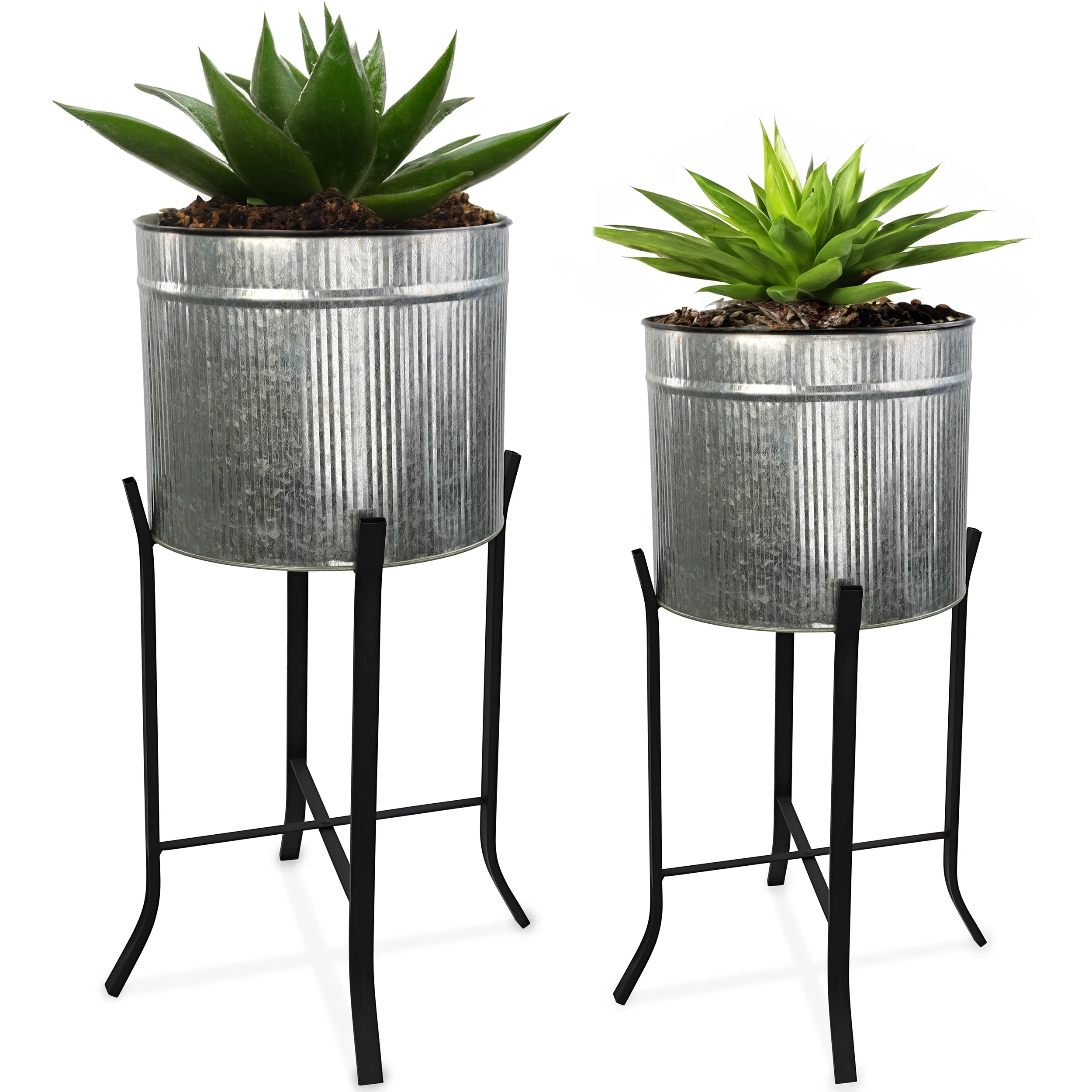 7Penn Standing Planter Set of 2 - 10 and 12 Inch Galvanized Plant Pot with Stand