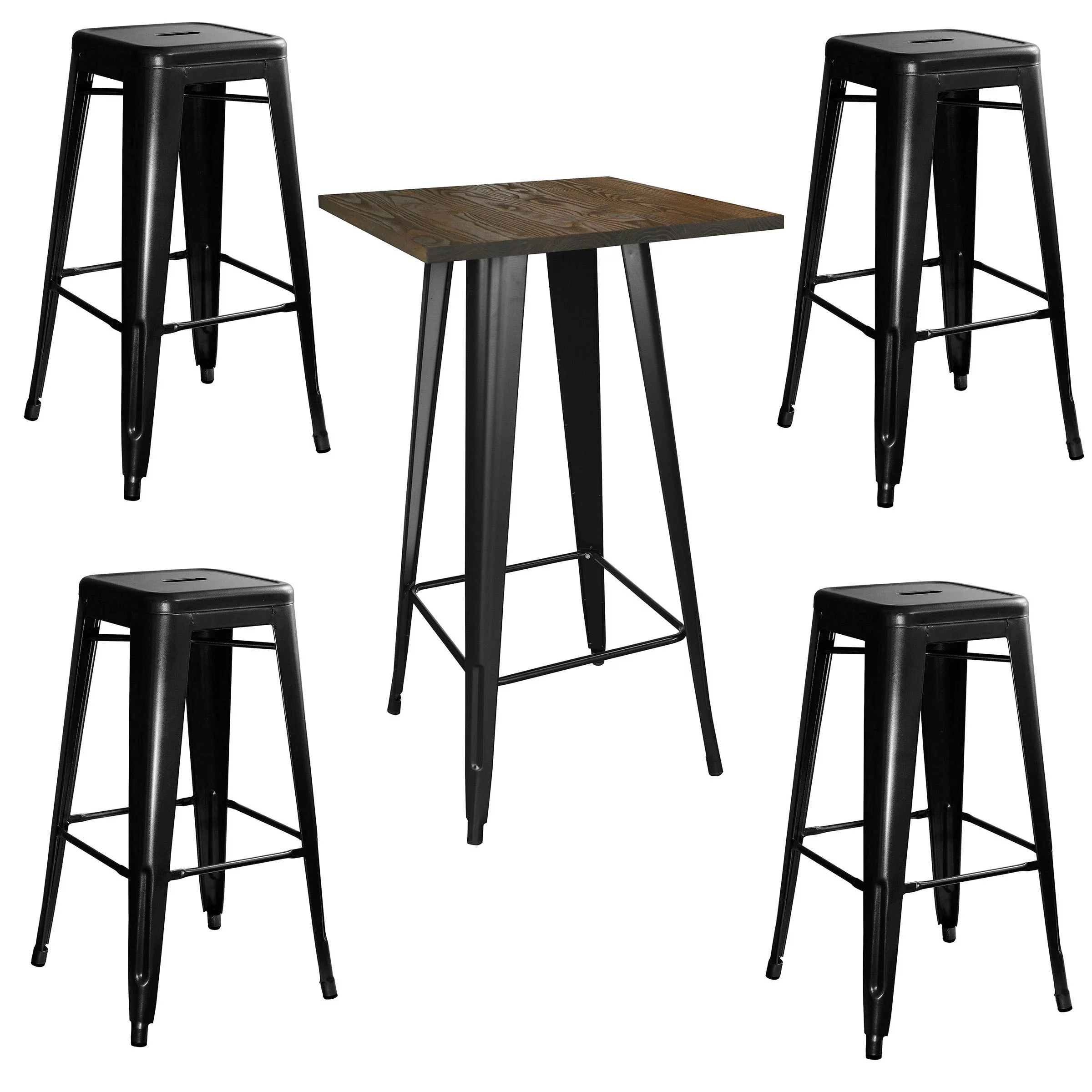 5 Piece AmeriHome Set Dark Elm Wood Finish Top Bar Table with 4 Black Backless Metal Bar Stools