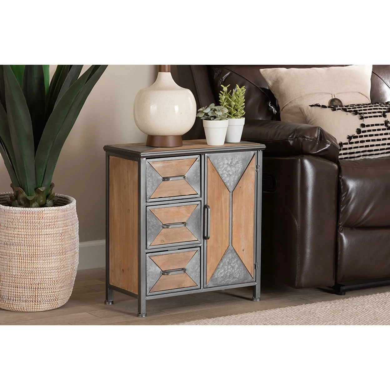 Baxton Studio Laurel Rustic Industrial Antique Grey Finished Metal and Whitewashed Oak Brown Finished Wood 3-Drawer