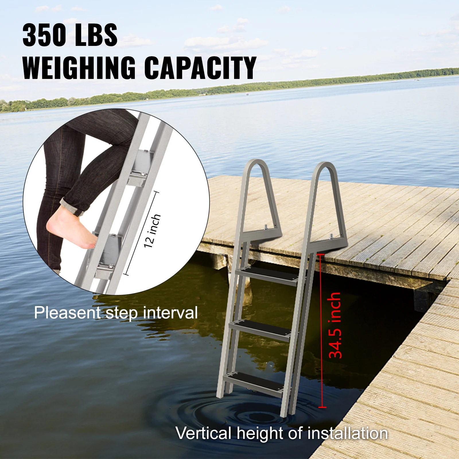 VEVOR Boat Ladder 3-Step with Rubber Mat, Aluminum Dock Ladder with Wide Step, Flip up Dock Ladder w/Handrails and Matte Finish，Heavy Duty Swim Pool Ladder