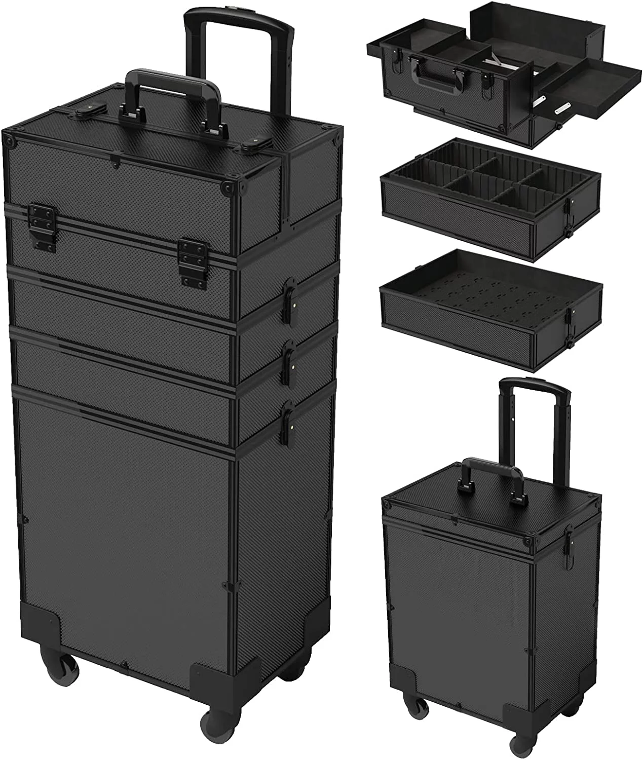 5 in 1 Rolling Makeup Train Case Professional Large Storage Cosmetic Trolley Makeup Organizer Makeup Travel Case with Key Swivel Wheels Salon Barber Case Traveling Cart Trunk, 32.7