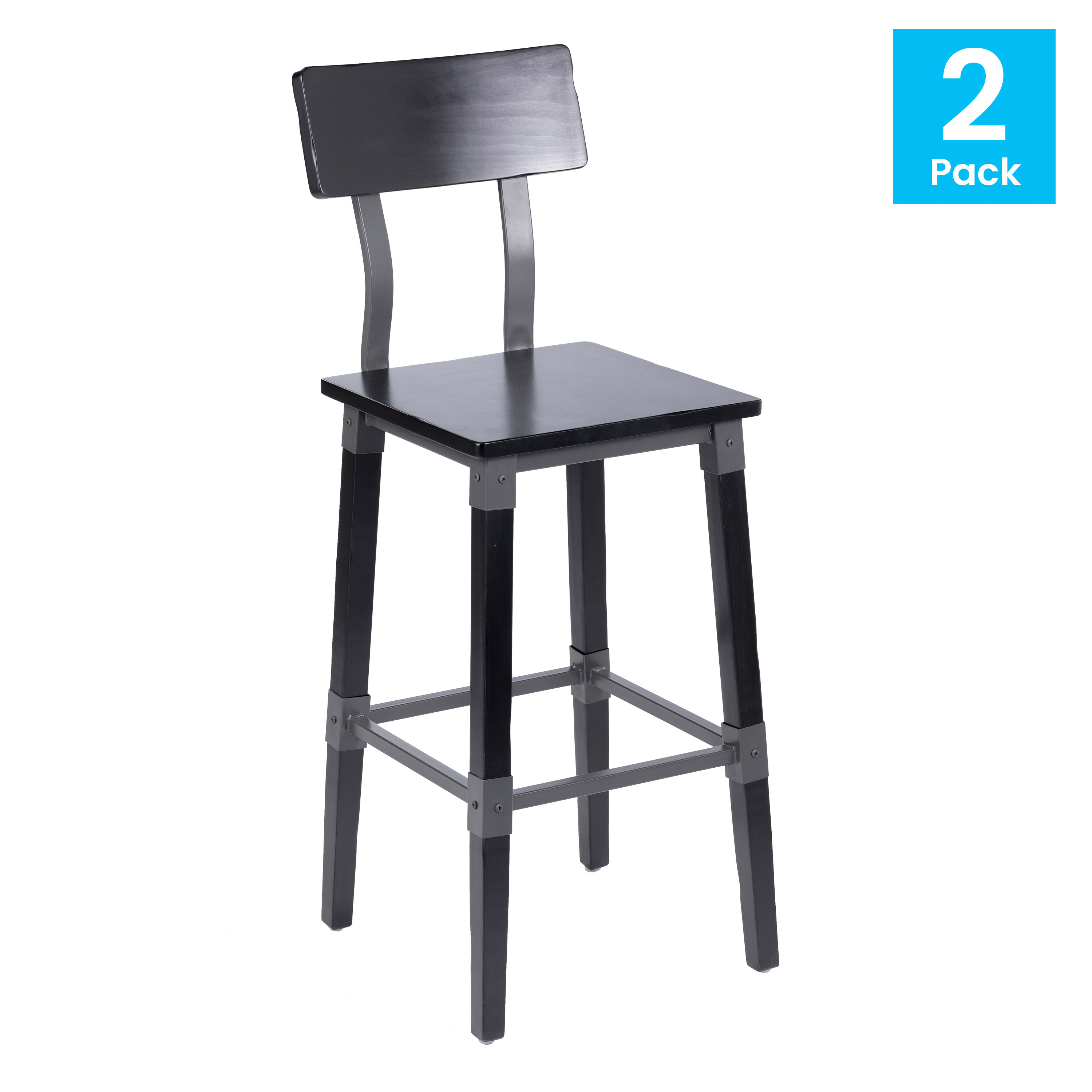 Flash Furniture 2 Pack Commercial Grade Rustic Black Industrial Wood Dining Barstool