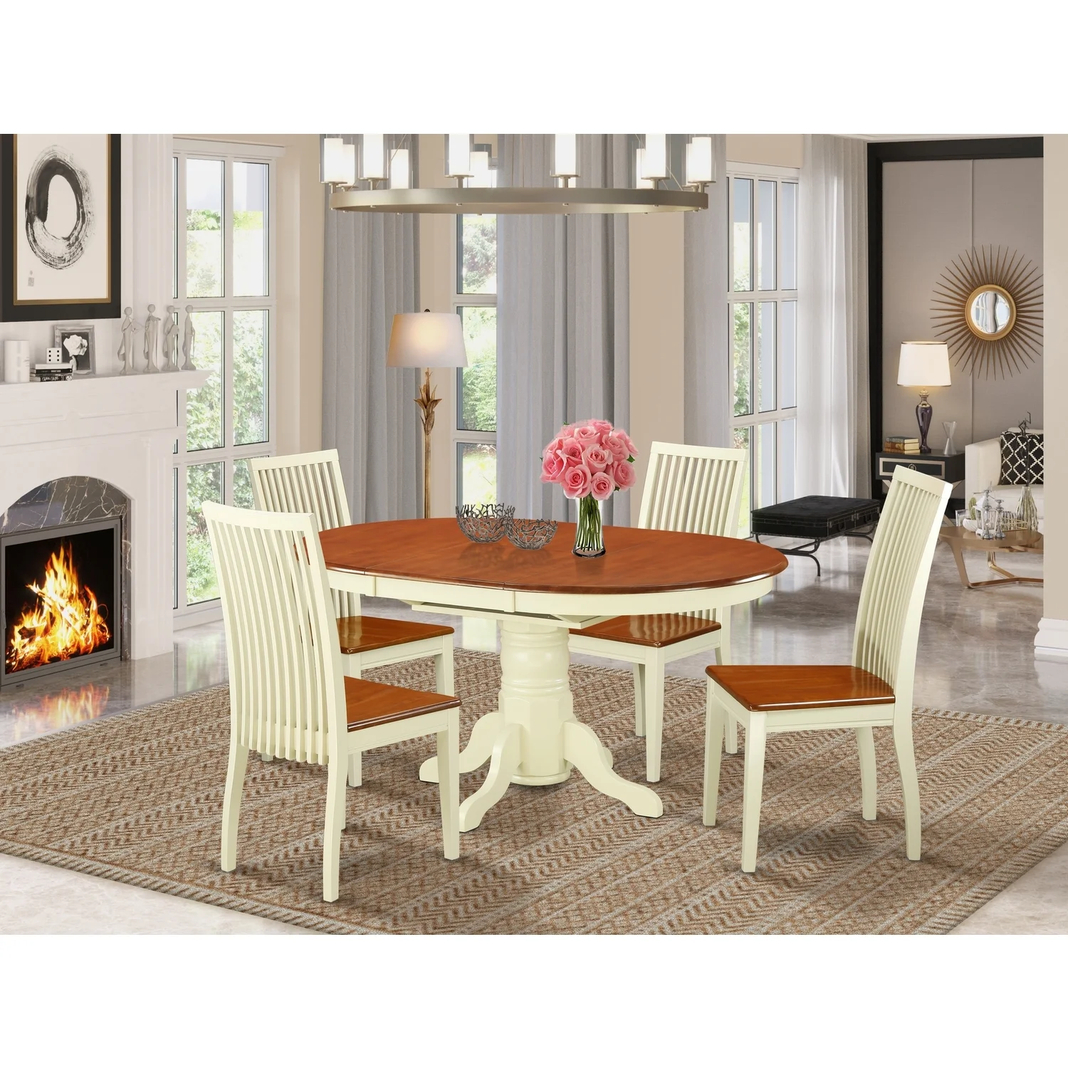 HomeStock Renaissance Revival 5 Pc Dining Set With A Kitchen Table And 4 Wood Seat Kitchen Chairs In Buttermilk And Cherry