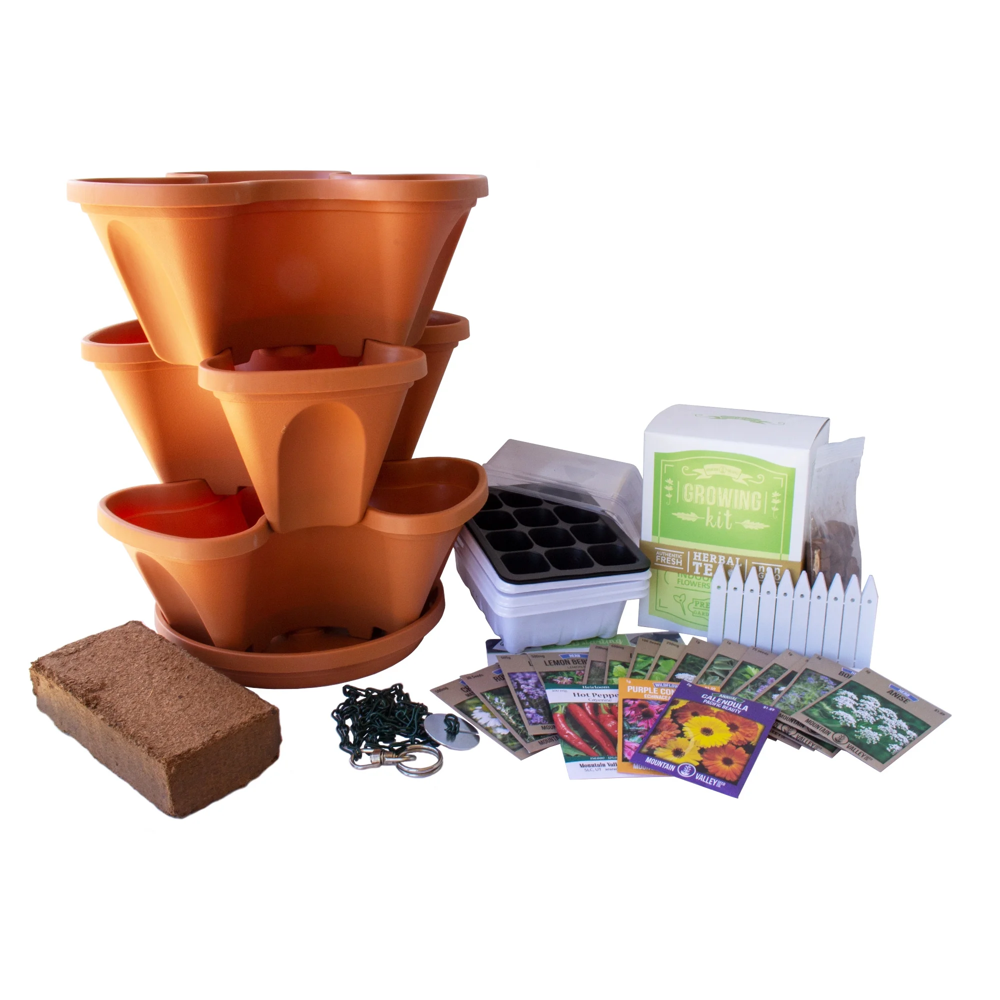 Garden Stacker Planter Medicinal & Herbal Tea Herb Garden Kit - Color: Terracotta - Stackable / Hangable Planter Pot - Indoor / Outdoor - 12 Seed: Chamomile, Yarrow, Sage, Fennel, Peppermint, More