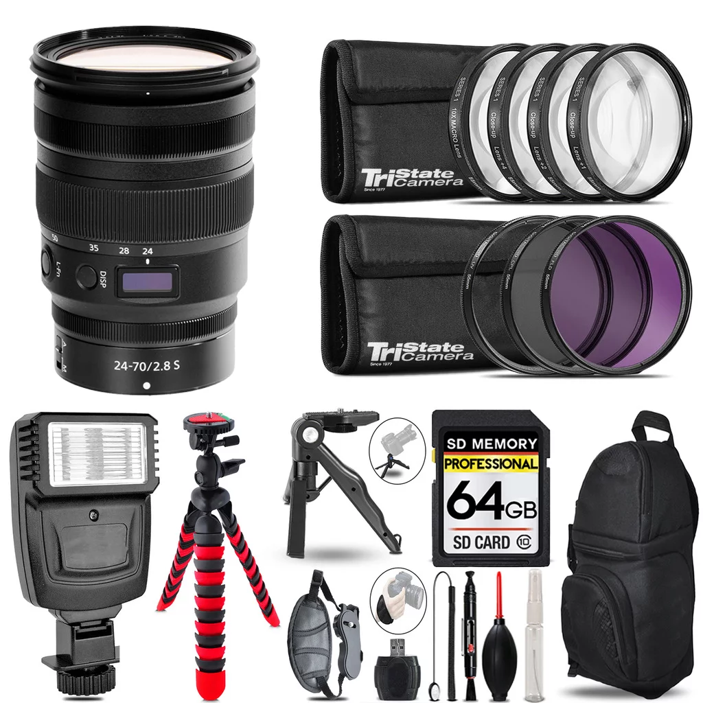Nikon NIKKOR Z 24-70mm f/2.8 S Lens+ Slave Flash + MACRO, UV-CPL-FLD - 64GB Accessory Bundle