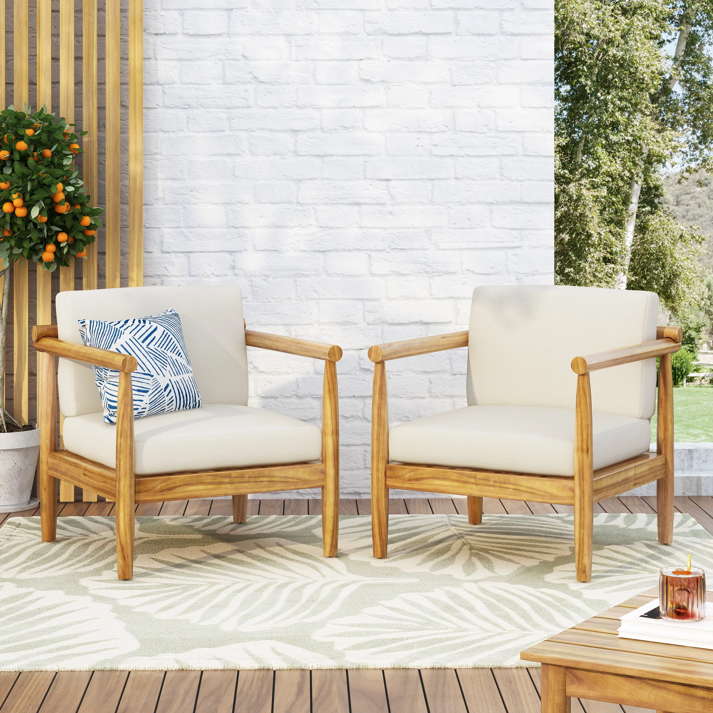 Arimo Acacia Wood Outdoor Club Chair with Cushion, Set of 2, Teak and Cream
