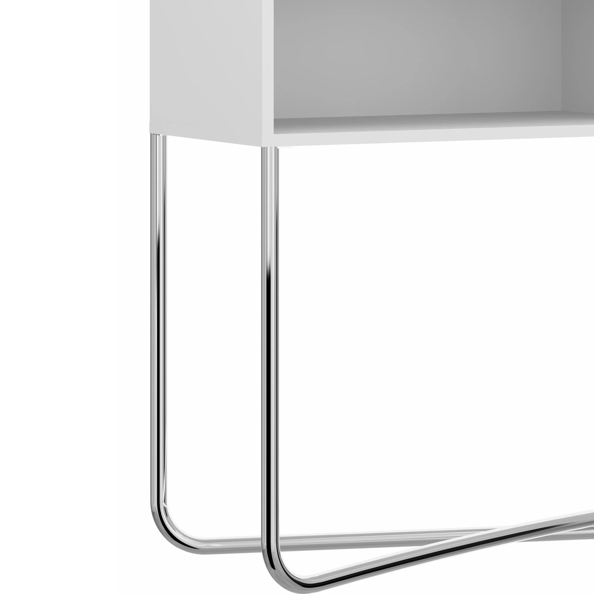 Wooden Console Table with 2 Open Compartments and Metal Frame, White and Chrome