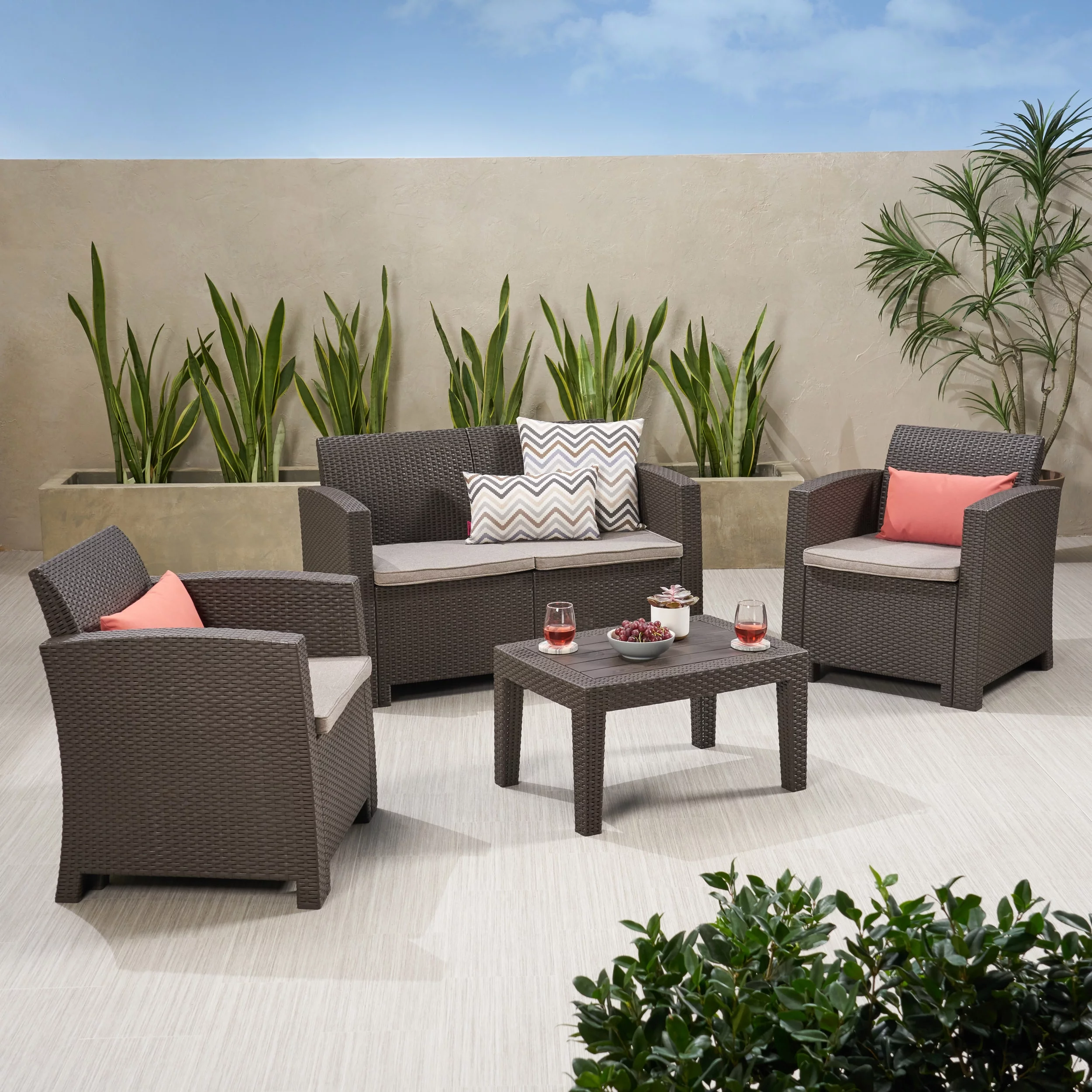 Douglas Outdoor 4 Piece Faux Wicker Rattan Style Chat Set with Cushions, Brown, Mixed Beige
